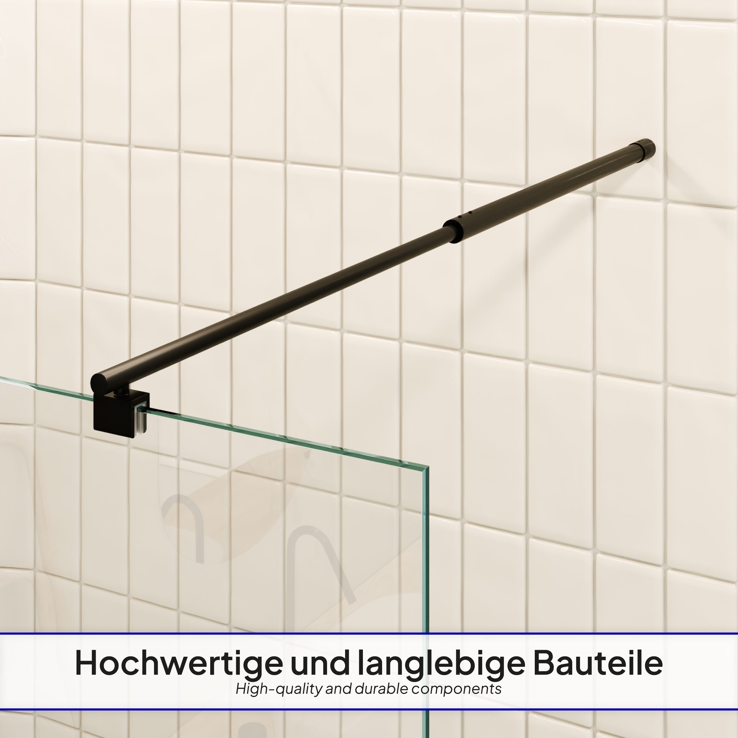 Walk-In Shower Fiona made of 10 mm thick partially frosted ESG safety glass and black aluminum profile. Walk-In Shower Fiona made of 10 mm thick partially frosted ESG safety glass and black aluminum profile.