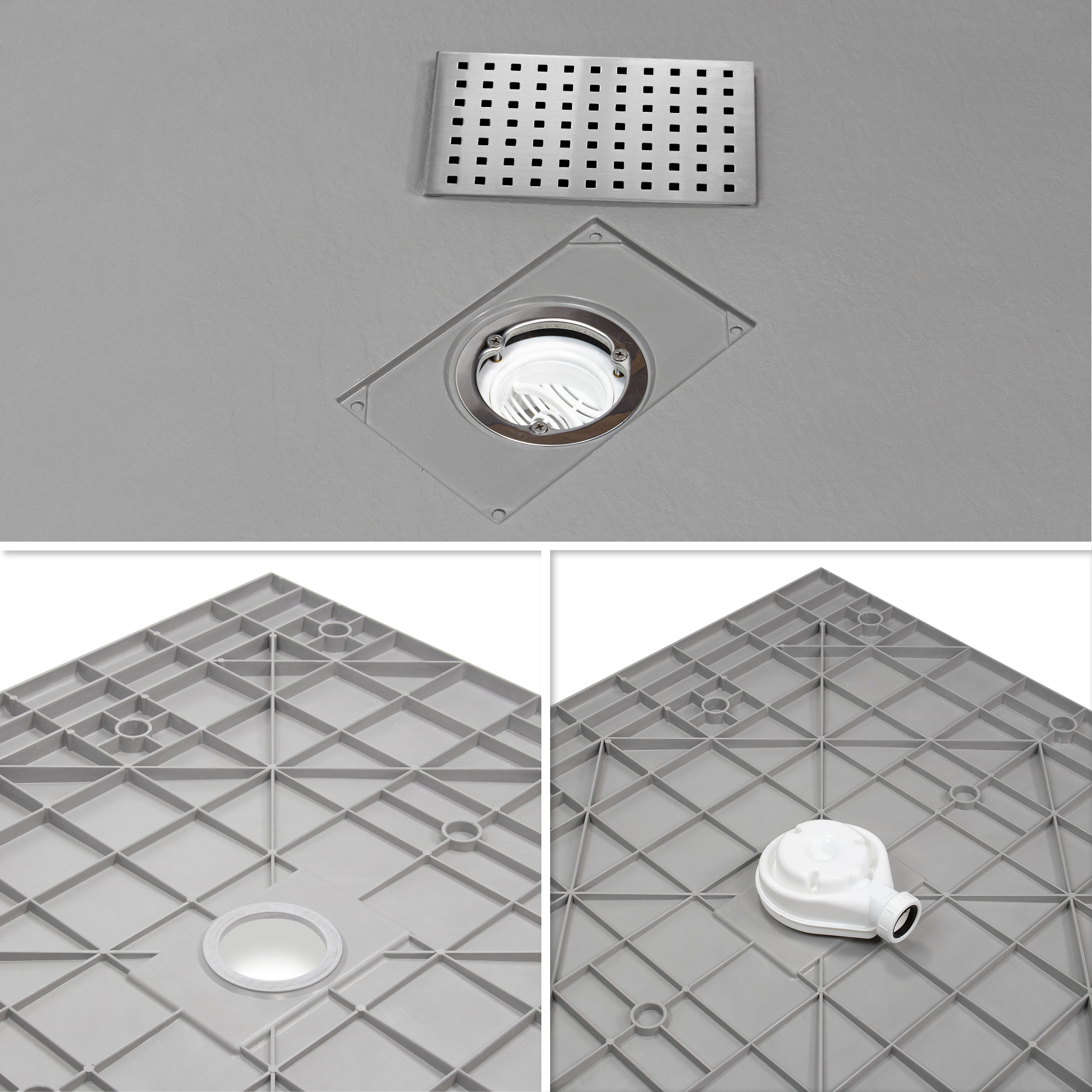 Boreal – SMC Duschwanne INOX in Stein-Optik inkl. Ablaufgarnitur und Edelstahldeckel - Grau