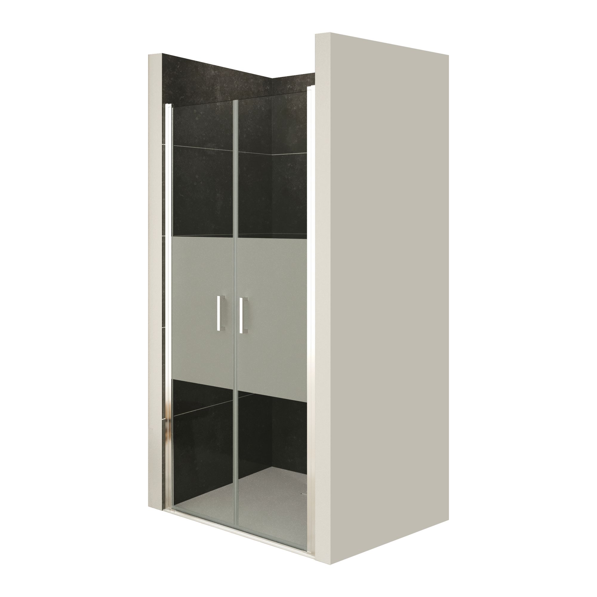 Shower Door Lara with Hinged Doors and Stainless Steel Handles, 68-104 cm, made of Partially Frosted ESG Safety Glass Shower Door Lara with Hinged Doors and Stainless Steel Handles, 68-104 cm, made of Partially Frosted ESG Safety Glass