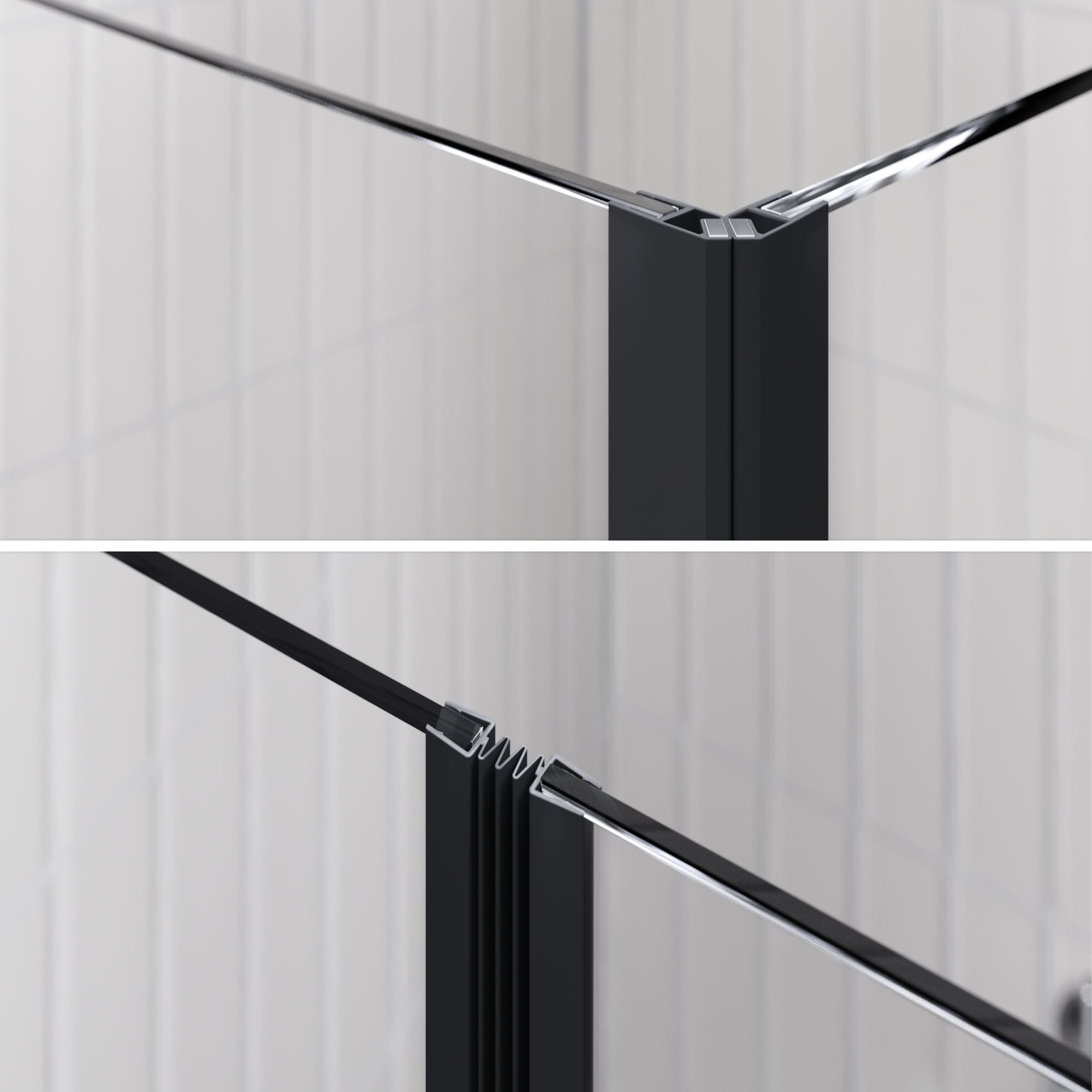 Eckeinstieg Emma BLACK mit Falttüren aus ESG Sicherheitsglas Emma – Corner Entry BLACK with Folding Doors made of ESG Safety Glass