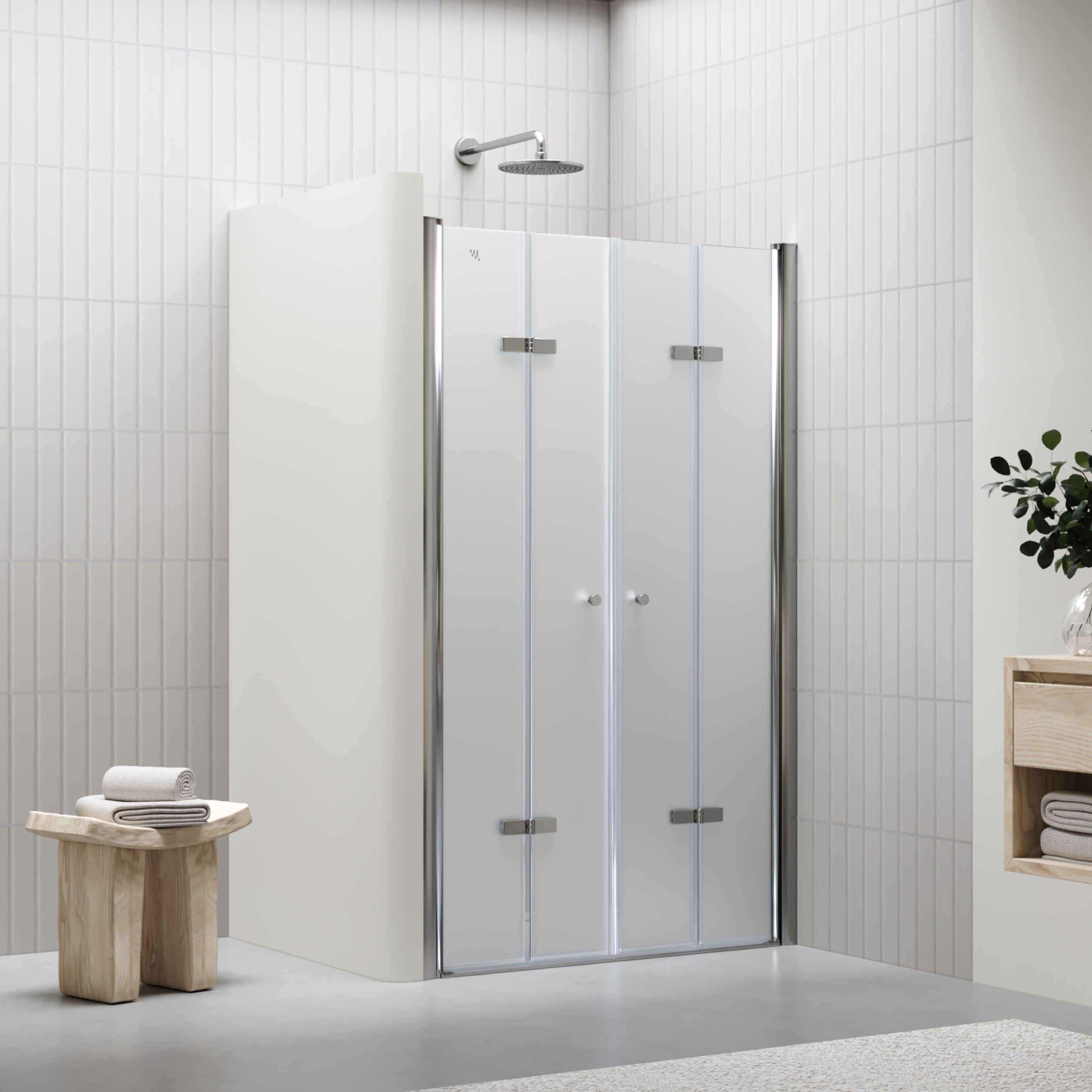 Shower Door Lena with Folding Panels Made of Satin-Finished ESG Safety Glass Lena – Shower Door with Folding Panels Made of Satin-Finished ESG Safety Glass