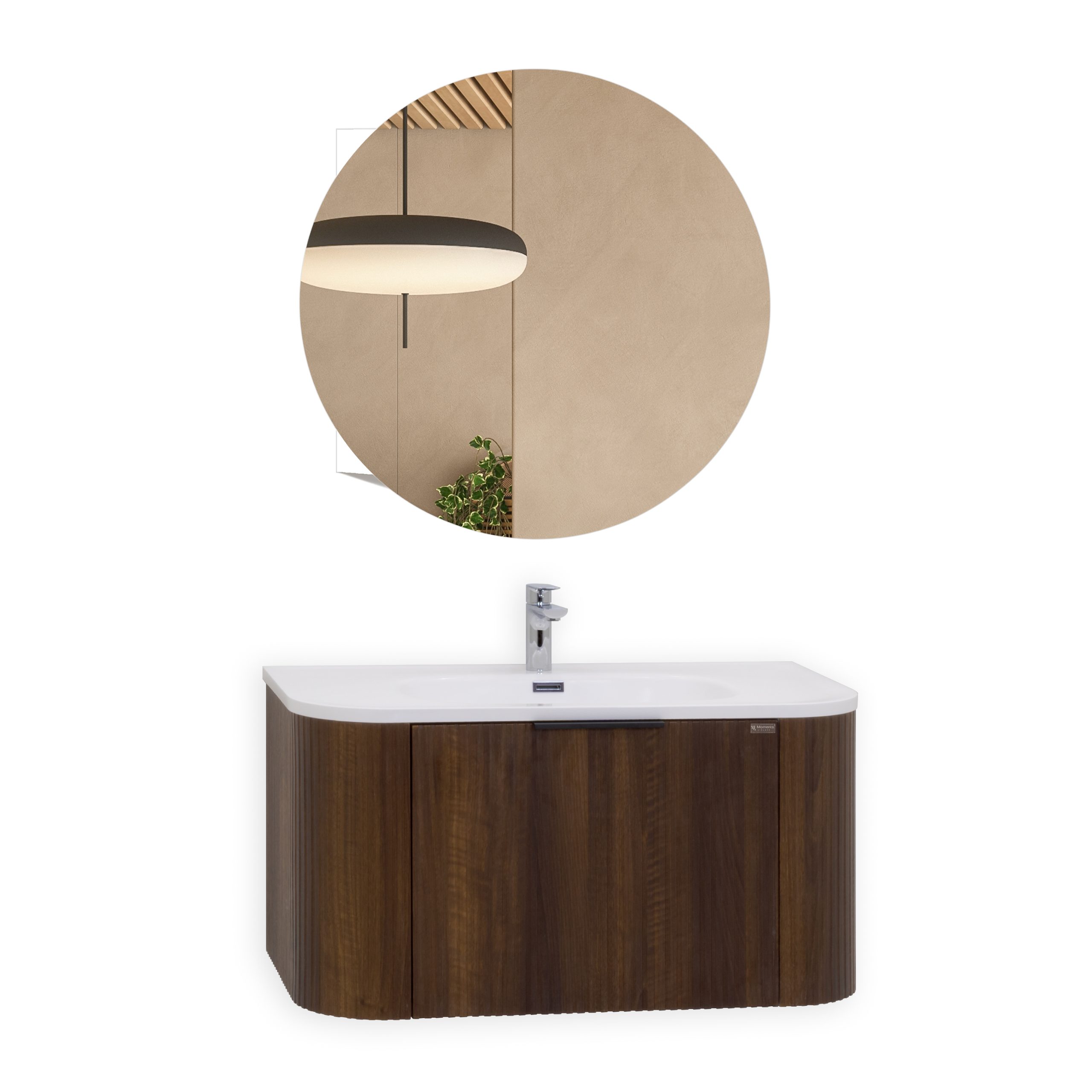 Badmöbel-Set Maia Plus, wandhängend, mit lamellenförmigem Nussbaumdekor, Mineralguss-Waschtisch und LED-Spiegel mit Antibeschlag Badmöbel-Set Maia Plus, wandhängend, mit lamellenförmigem Nussbaumdekor, Mineralguss-Waschtisch und LED-Spiegel mit Antibeschlag