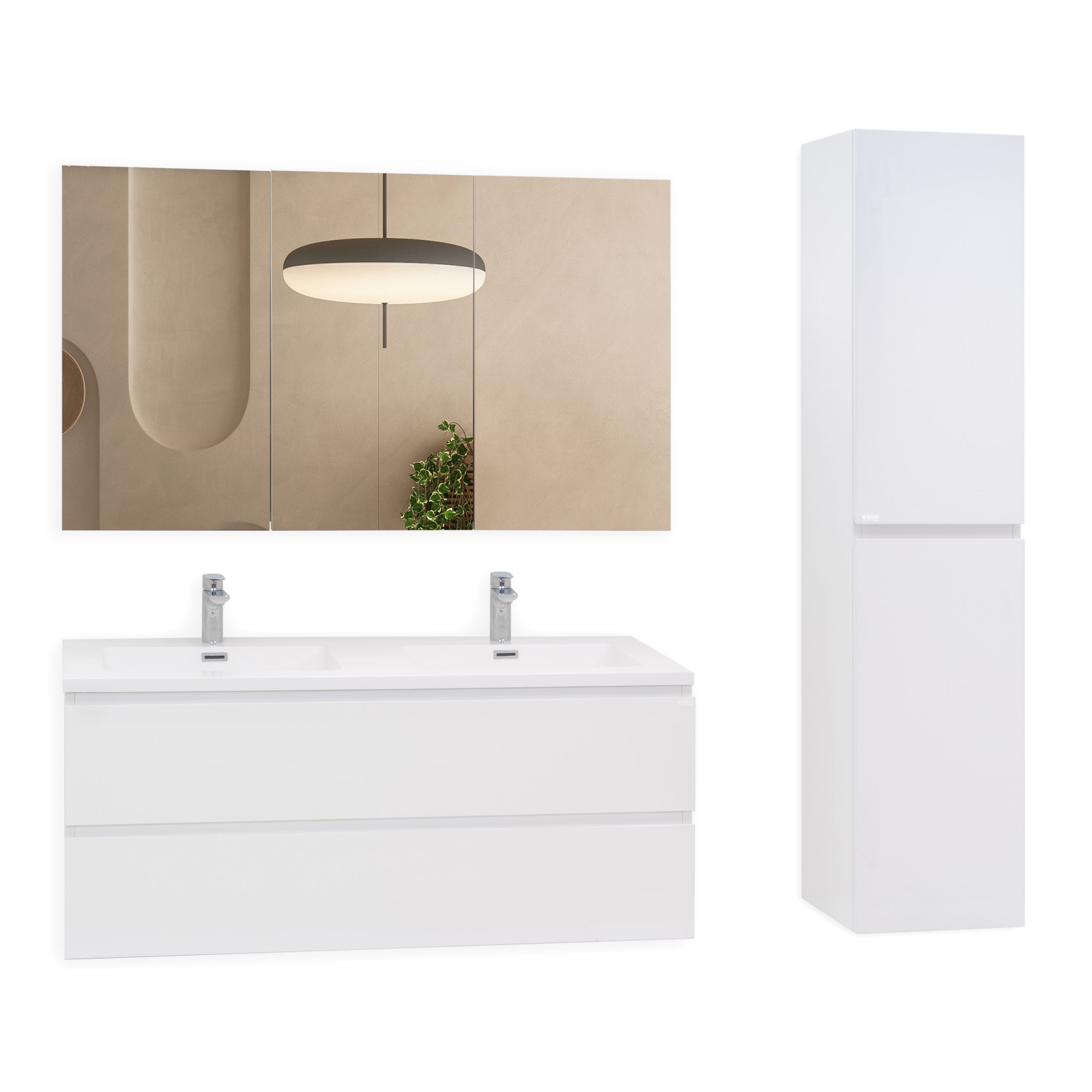 Badmöbel-Set Atena [120 cm] mit Mineralharz-Waschbecken in Hochglanz Weiß, Unterschrank mit Spiegel und hängendem Hochschrank in Weiß