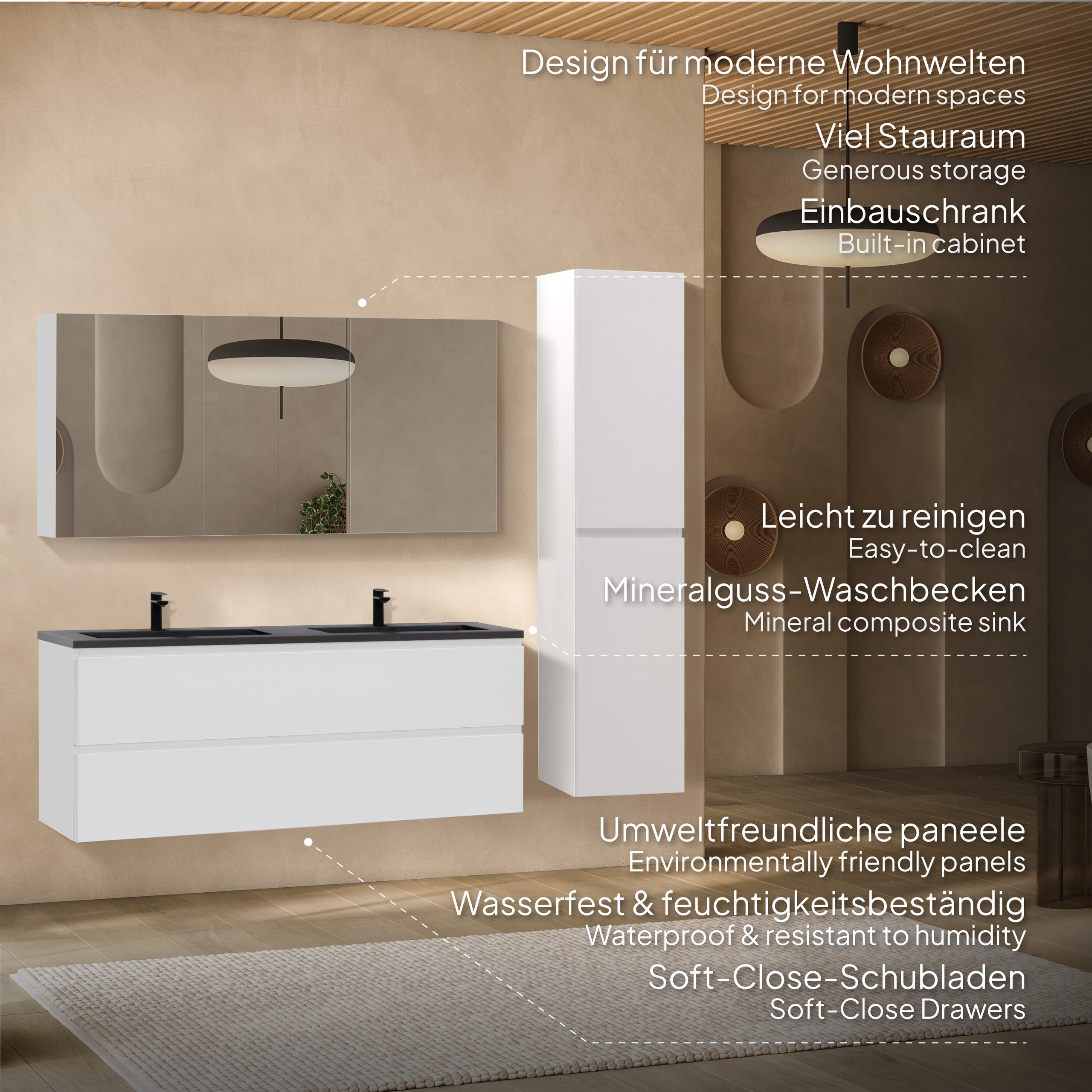 Badmöbel-Set Atena [120 cm] mit Mineralharz-Waschbecken in Hochglanz Schwarz, Unterschrank mit Spiegel und hängendem Hochschrank in Weiß