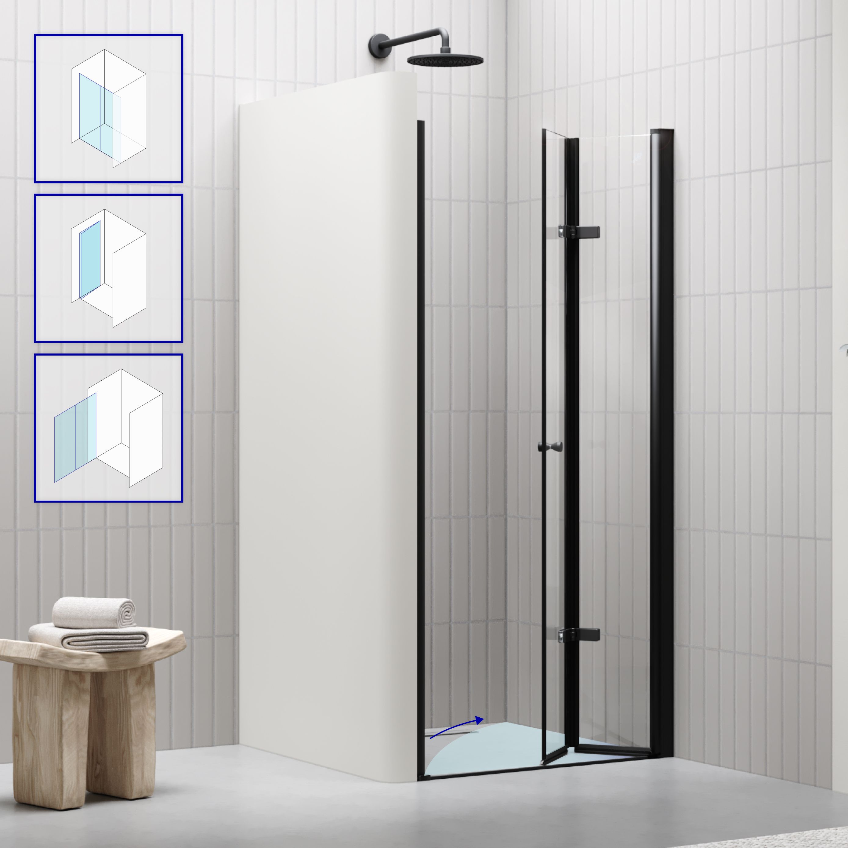 Shower Door Mila with Folding Door made of Clear ESG Safety Glass BLACK EDITION Shower Door Mila with Folding Door made of Clear ESG Safety Glass BLACK EDITION