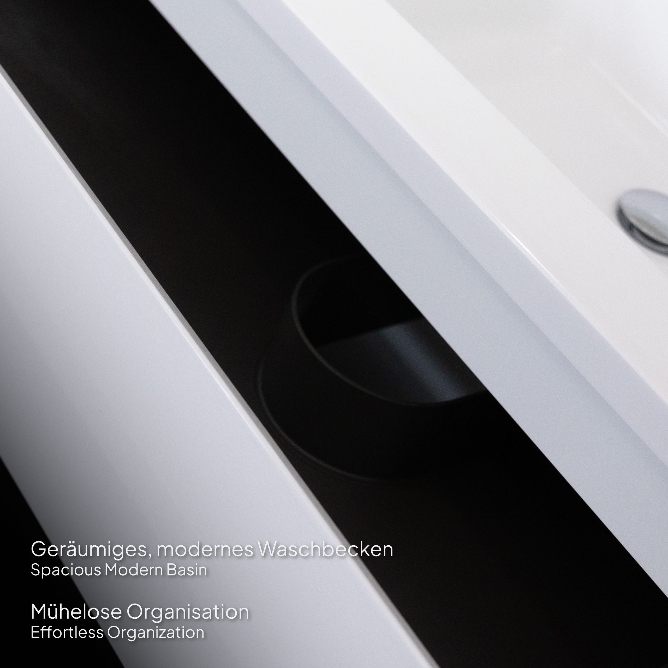 Badmöbel-Set Atena [120 cm] mit Mineralharz-Waschbecken in Hochglanz Weiß, Unterschrank mit Spiegel und hängendem Hochschrank in Weiß