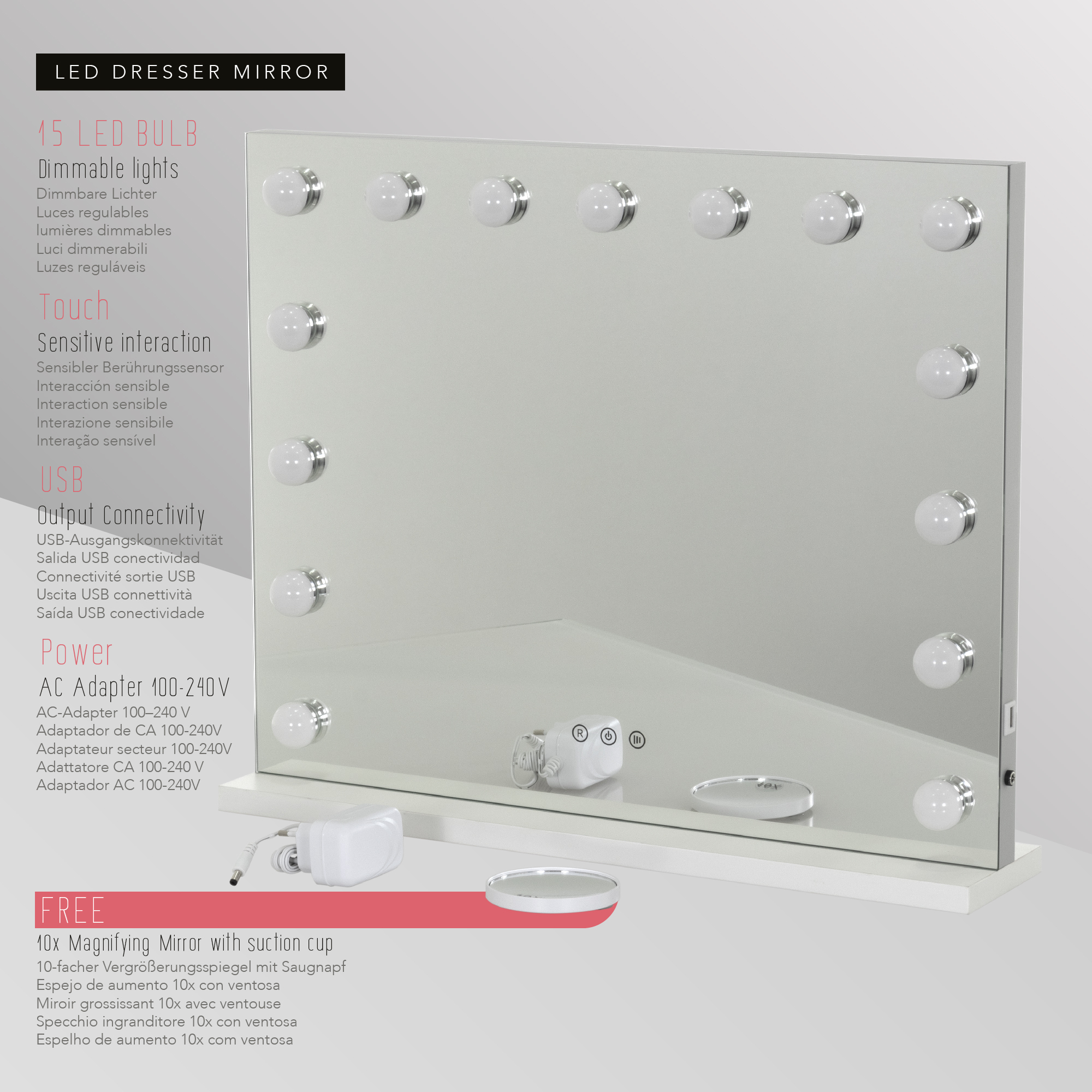Schminkspiegel Bulb STAND mit 15 dimmbaren LED-Lampen Weiß