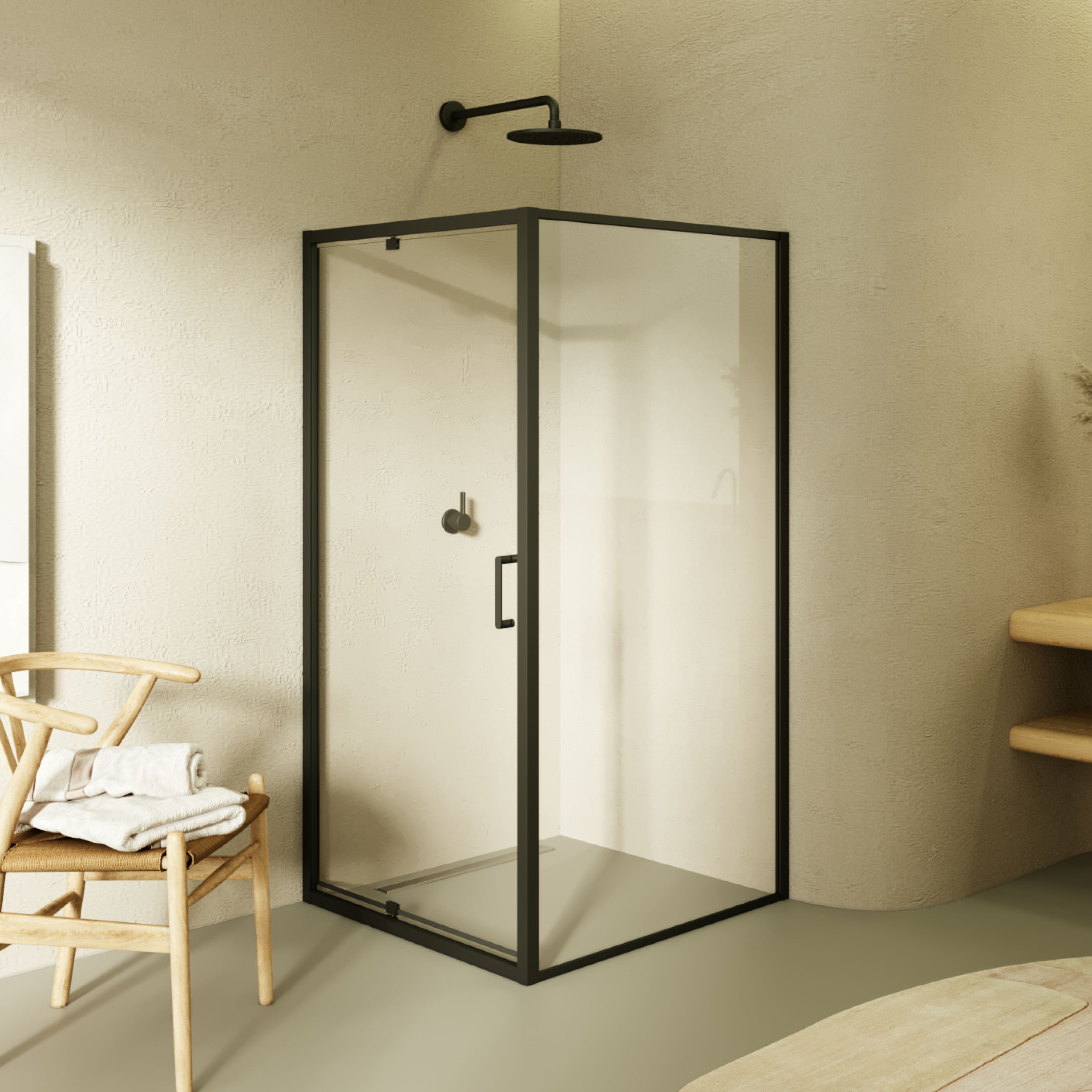 Front-entry Isadora with folding door and black profiles made of ESG safety glass. Isadora – Fronteinstieg mit Klapptür und schwarzen Profilen aus ESG Sicherheitsglas