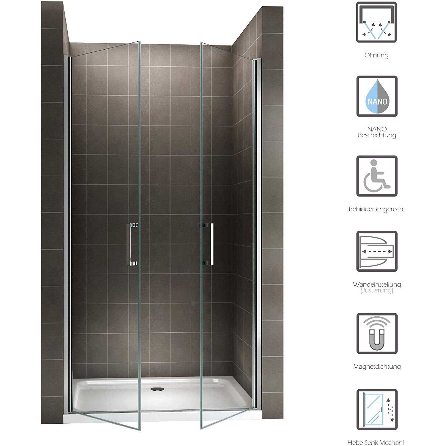 Duschtür Lara mit Pendeltüren und Edelstahlgriffe 68-140 cm aus ESG Sicherheitsglas Duschtür Lara mit Pendeltüren und Edelstahlgriffe 68-140 cm aus ESG Sicherheitsglas