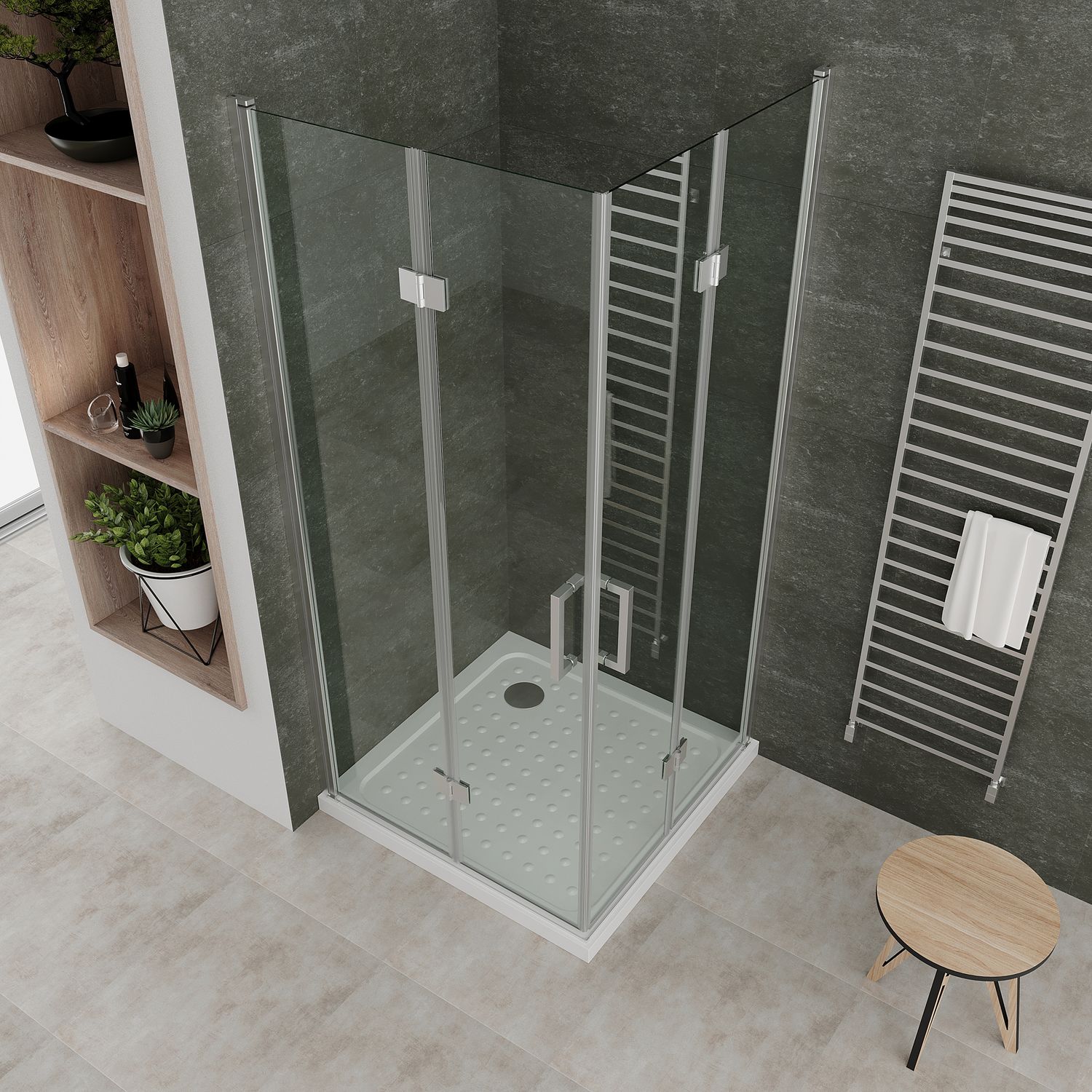 Eckeinstieg Belle mit Falttüren aus 6mm ESG Sicherheitsglas Eckeinstieg Belle mit Falttüren aus 6mm ESG Sicherheitsglas