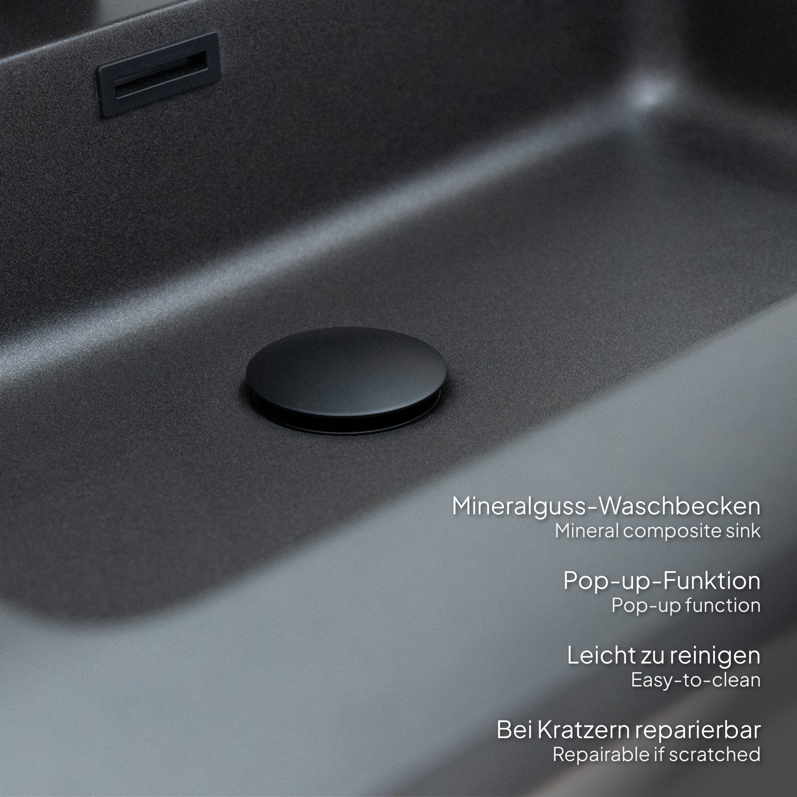 Badmöbel-Set Atena [60/80/100 cm] mit Mineralharz-Waschbecken in Hochglanz Schwarz, Unterschrank mit Spiegel und hängendem Hochschrank in Weiß zur Aufbewahrung