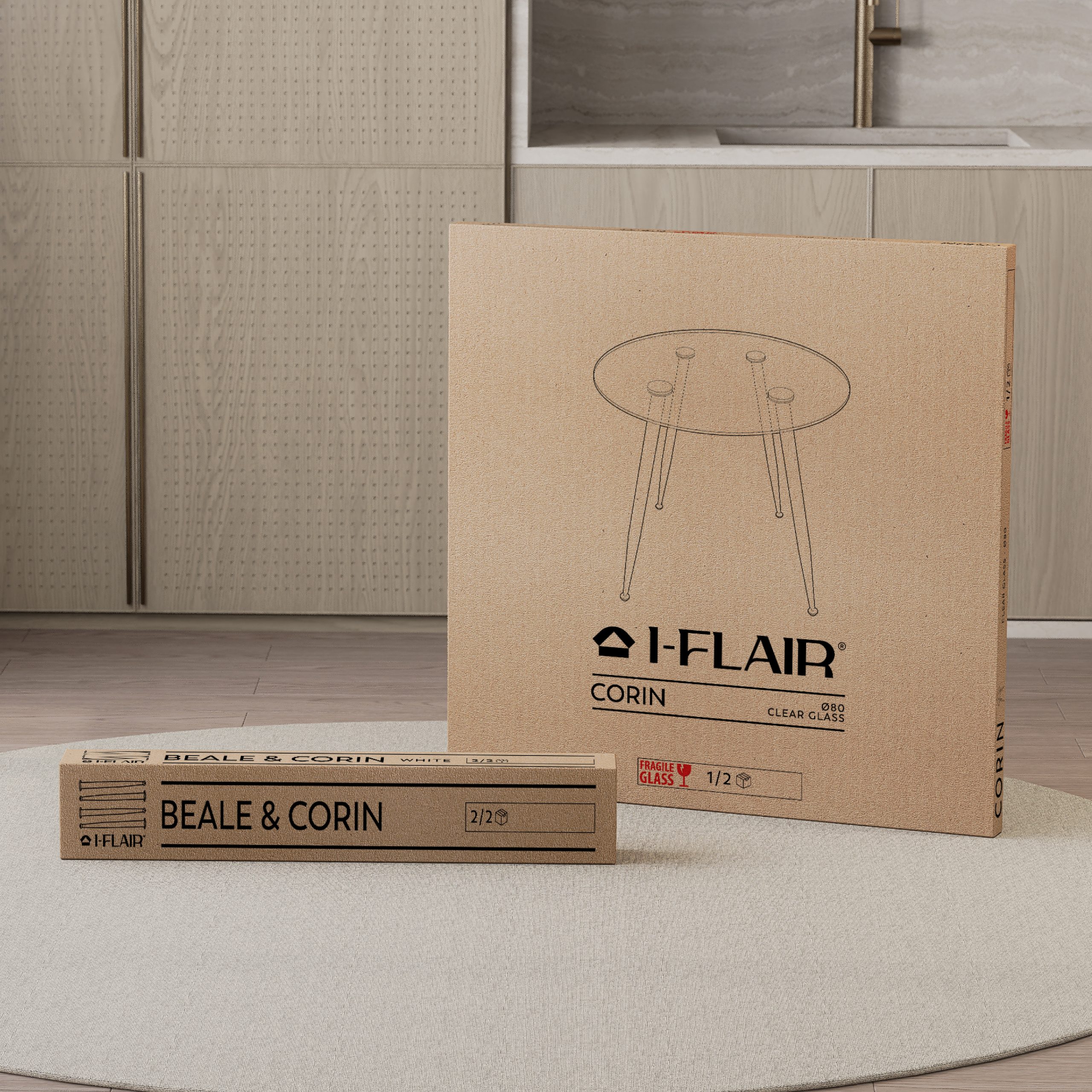 CORIN – Esszimmer-Tisch | Tischplatte: Transparentes Glas | Beine: Holz