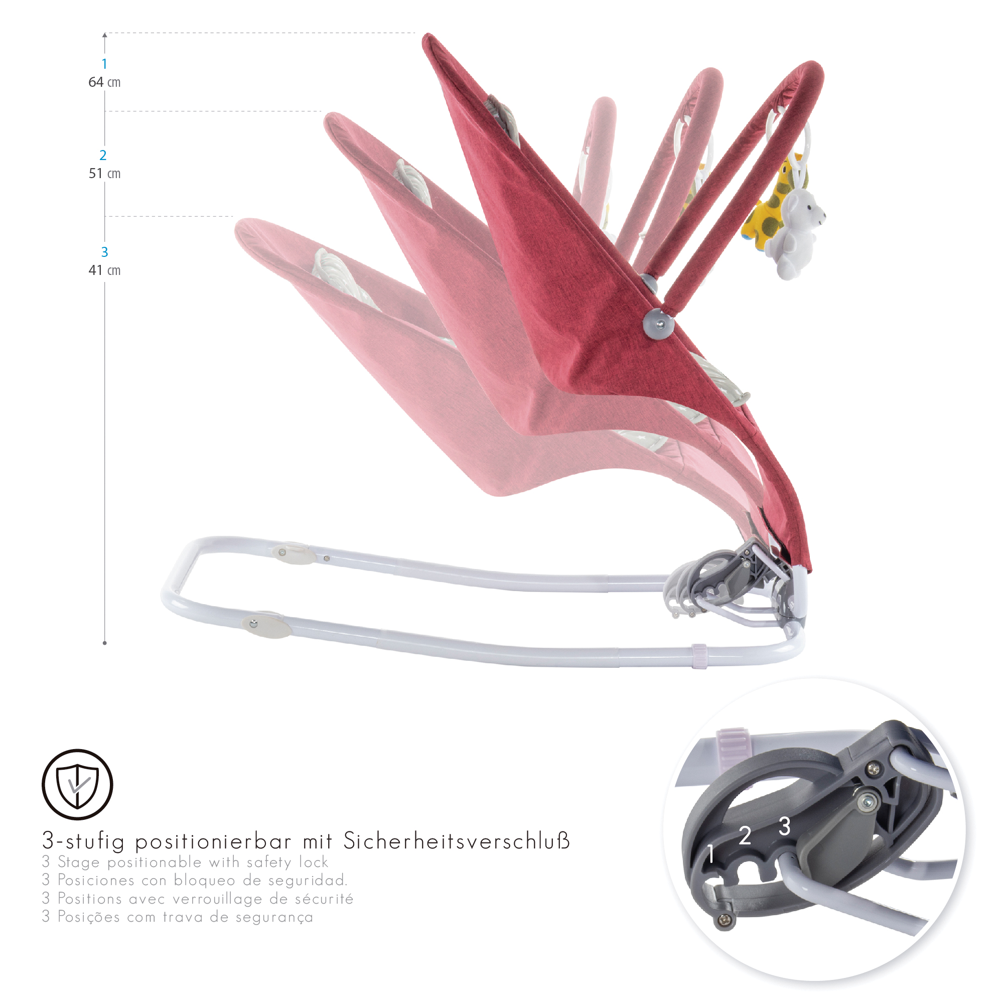 Babywippe VIENO mit abnehmbarem Bezug und Spielebogen Rot + Grau weiße Sterne