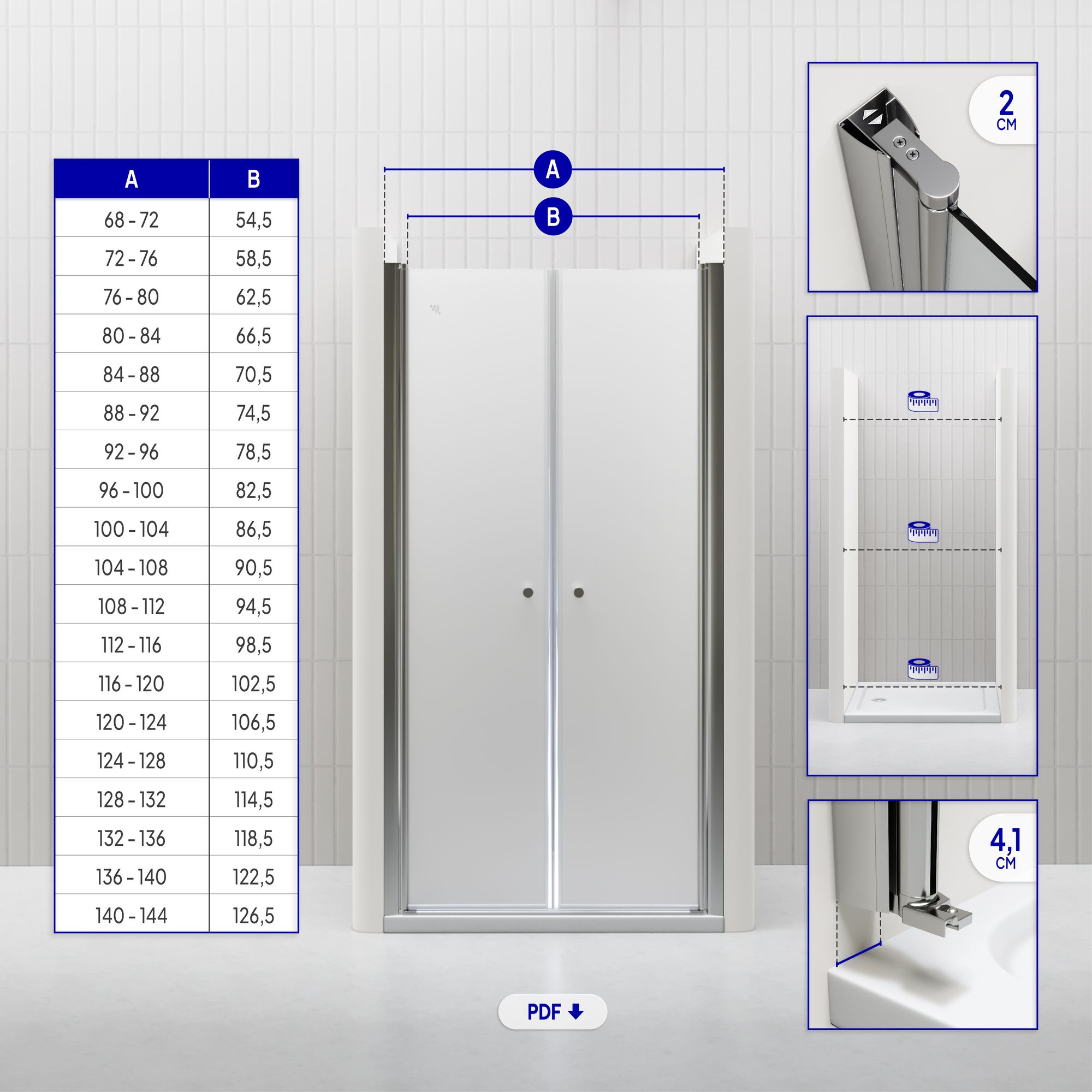 Duschtür Lima mit Pendeltüren 68-140 cm aus satiniertem ESG Sicherheitsglas Duschtür Lima mit Pendeltüren 68-140 cm aus satiniertem ESG Sicherheitsglas