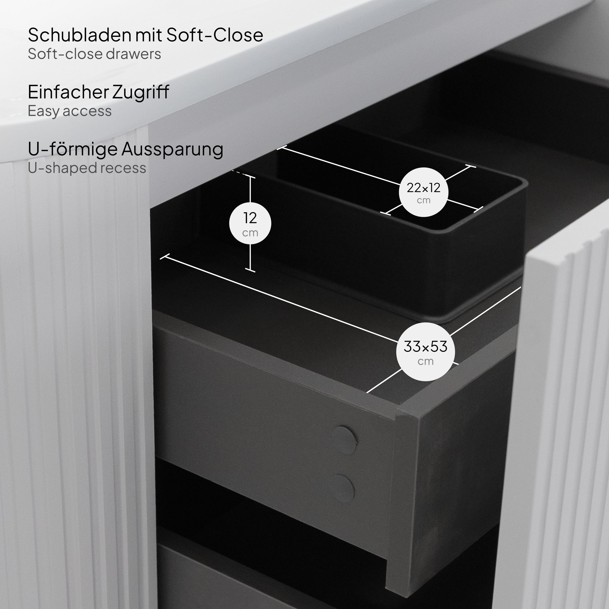 Badmöbel-Set Maia Plus White, wandhängend, mit lamellenförmigem Dekor, Mineralguss-Waschtisch und LED-Spiegel mit Antibeschlag