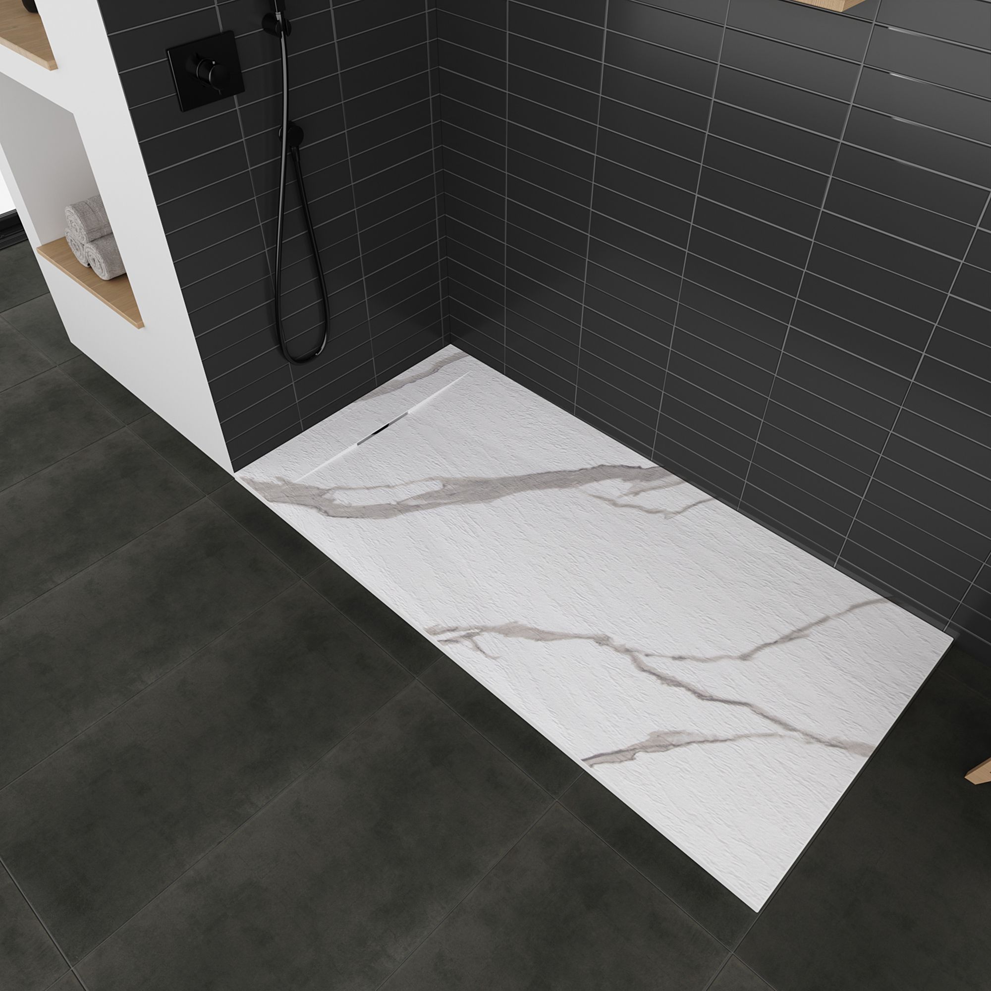 SMC Shower Tray Polar in Marble Look with Drain Assembly - White