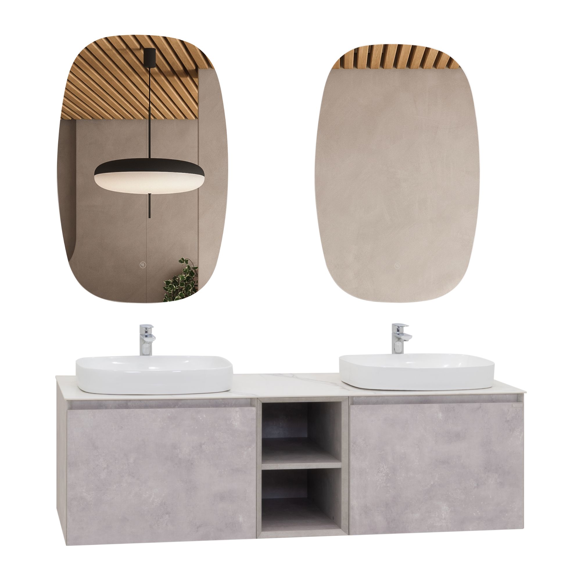 Badmöbelset Indra – Betonoptik, Calacatta-Porzellanplatte, Doppelwaschplätze & LED-Spiegel Badmöbelset Indra – Betonoptik, Calacatta-Porzellanplatte, Doppelwaschplätze & LED-Spiegel