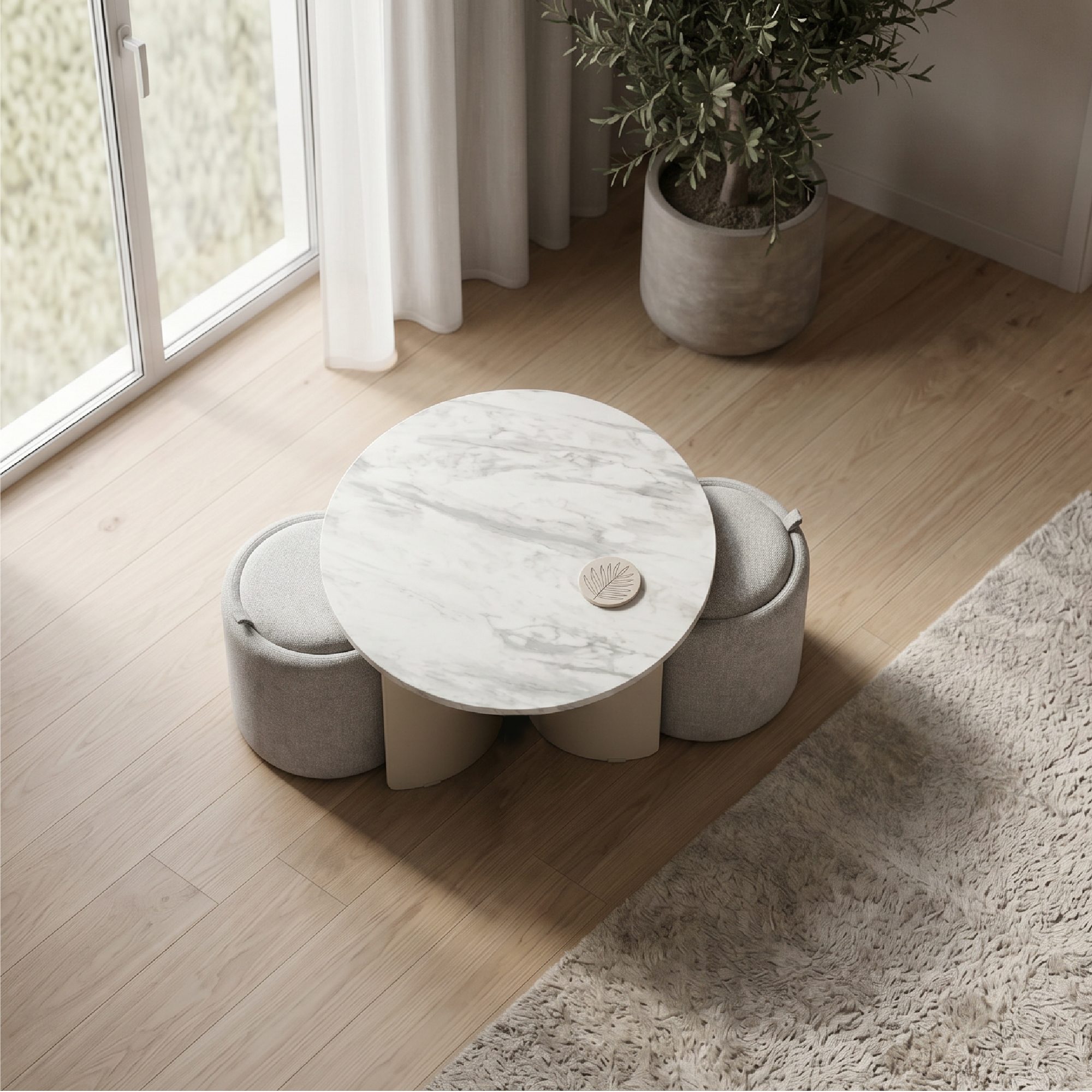 Meera – Couchtisch in Marmoroptik mit 2 Hockern in Grau