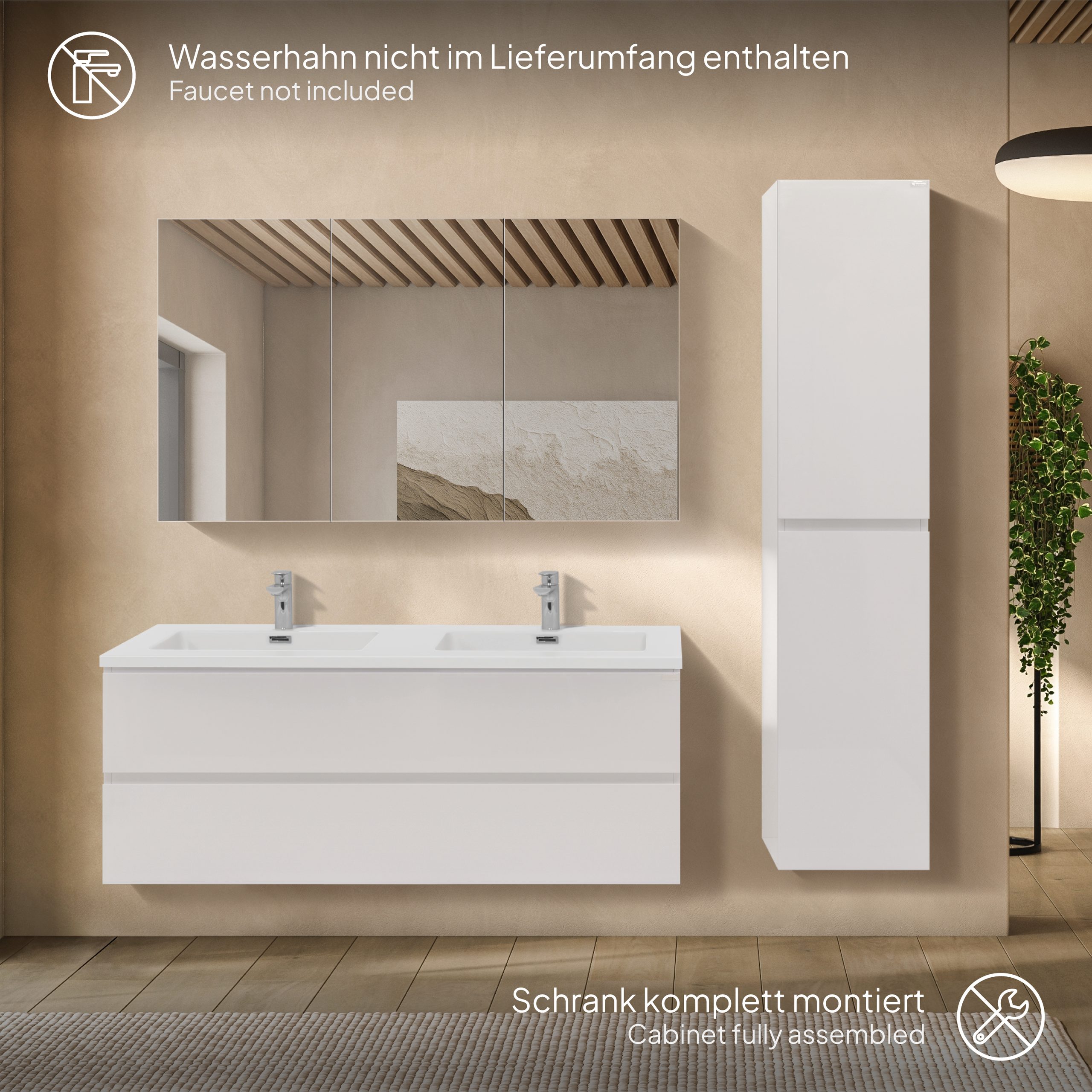 Badmöbel-Set Atena [120 cm] mit Mineralharz-Waschbecken in Hochglanz Weiß, Unterschrank mit Spiegel und hängendem Hochschrank in Weiß