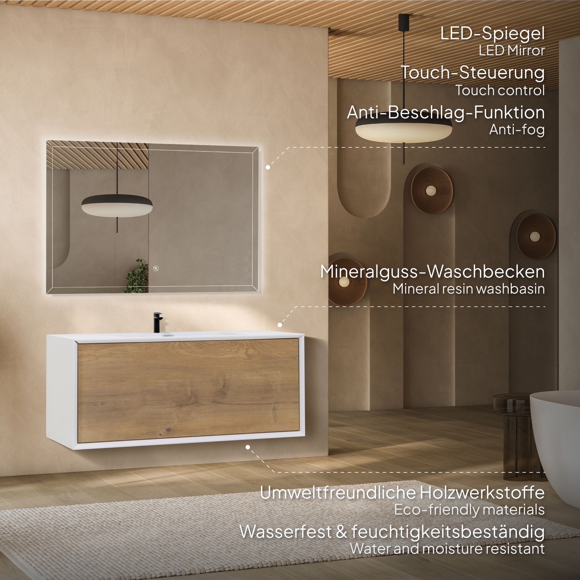 Badmöbelset Hebe 90 cm – Weiß Matt & Eiche, Mineralguss-Waschbecken & LED-Antibeschlag-Spiegel Badmöbelset Hebe 90 cm – Weiß Matt & Eiche, Mineralguss-Waschbecken & LED-Antibeschlag-Spiegel