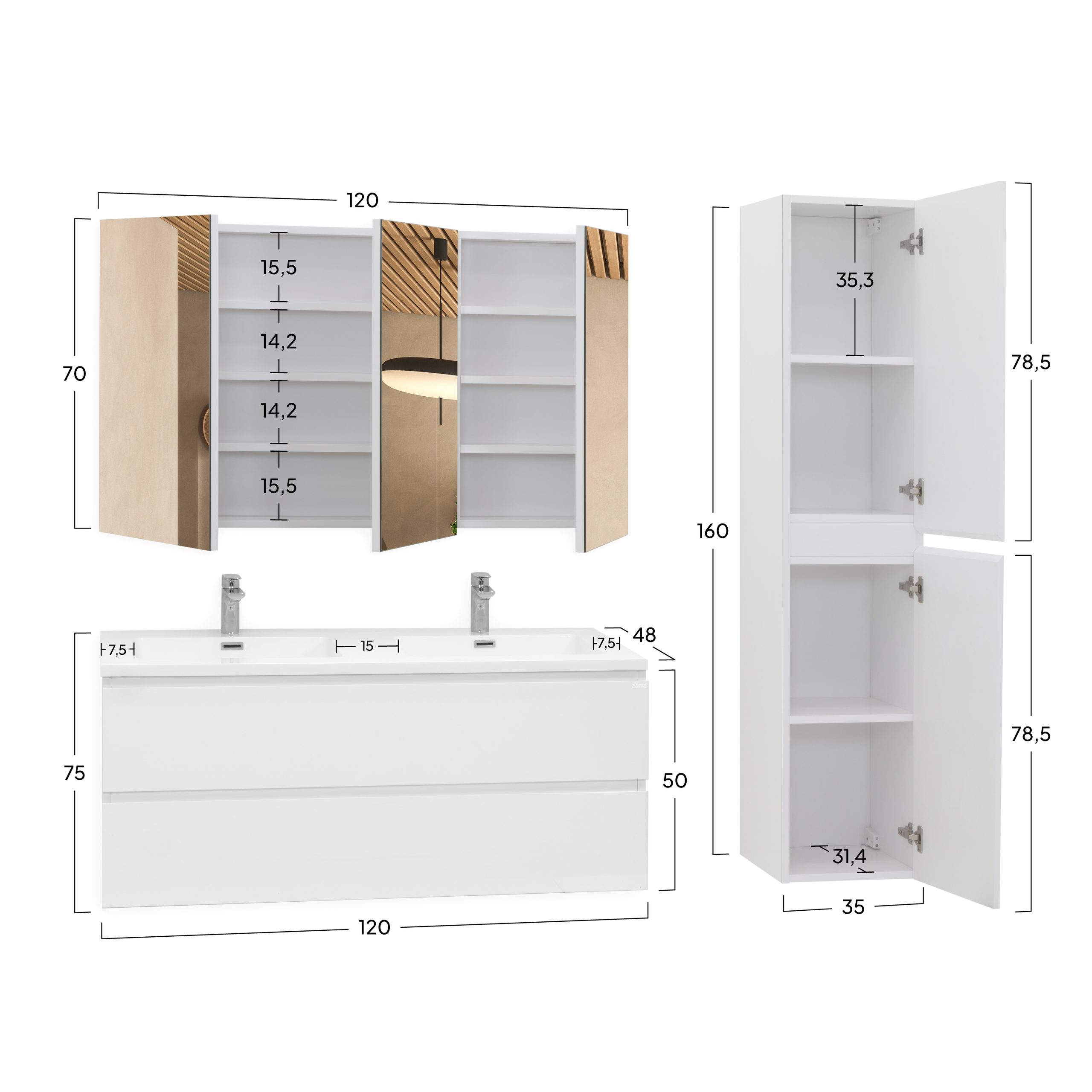 Badmöbel-Set Atena [120 cm] mit Mineralharz-Waschbecken in Hochglanz Weiß, Unterschrank mit Spiegel und hängendem Hochschrank in Weiß