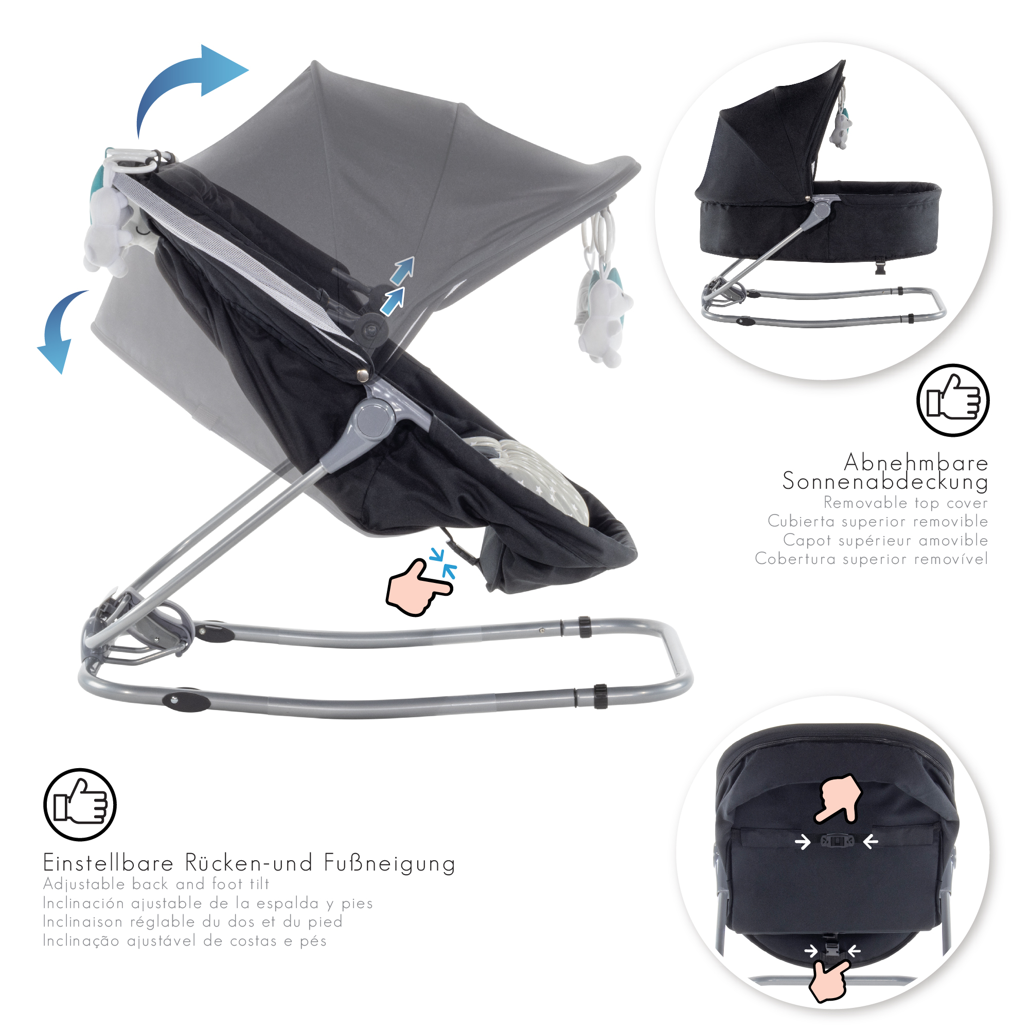 Babywippe PAVO mit Wiegenfunktion und Spielebogen