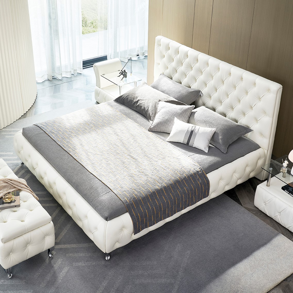 Polsterbett Amour 140x200 cm Weiß mit Lederknöpfen Amour – Design Upholstered Bed in White with Leather Buttons