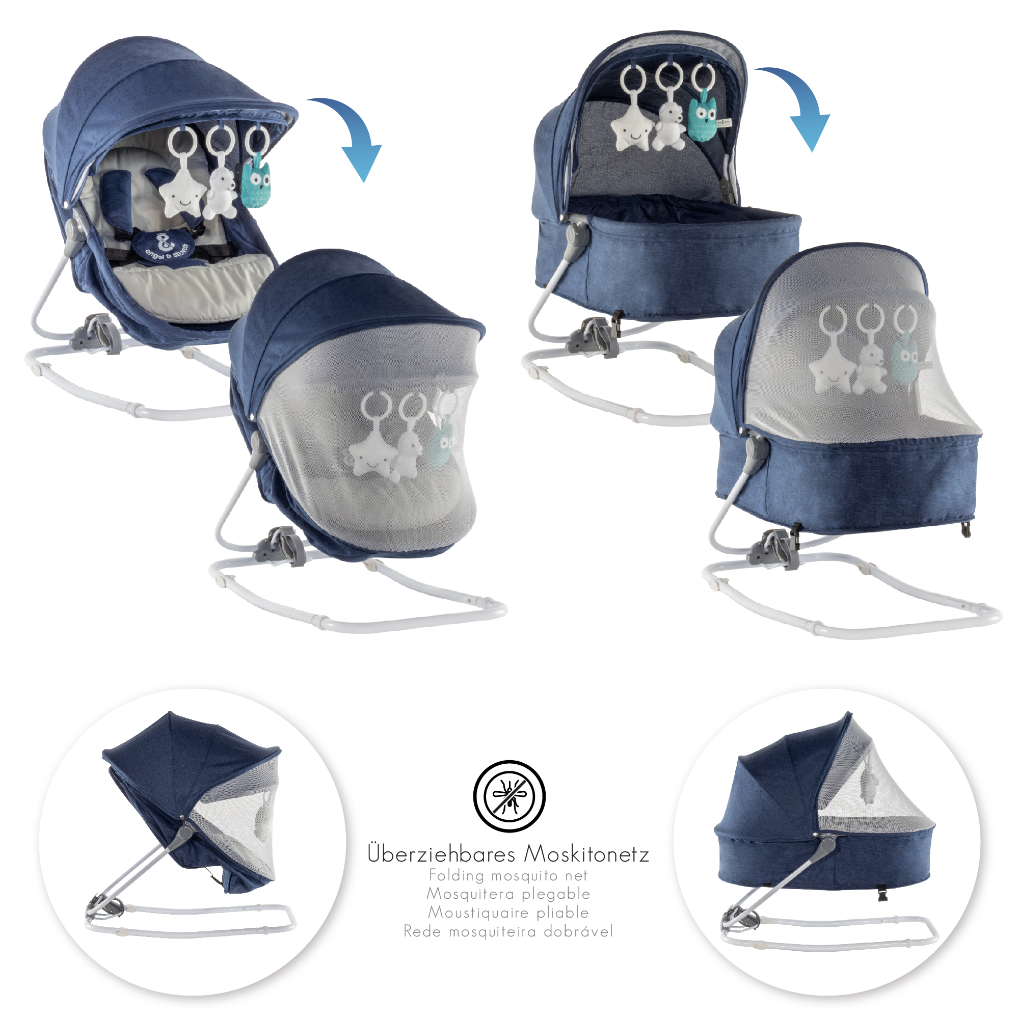 Babywippe PAVO mit Wiegenfunktion und Spielebogen Blau + Grau