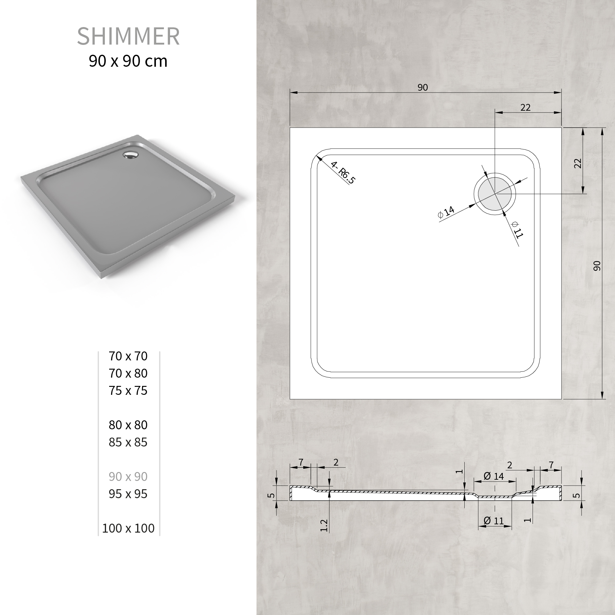 Shimmer – Duschwanne aus Sanitäracryl inkl. Ablaufgarnitur - Grau