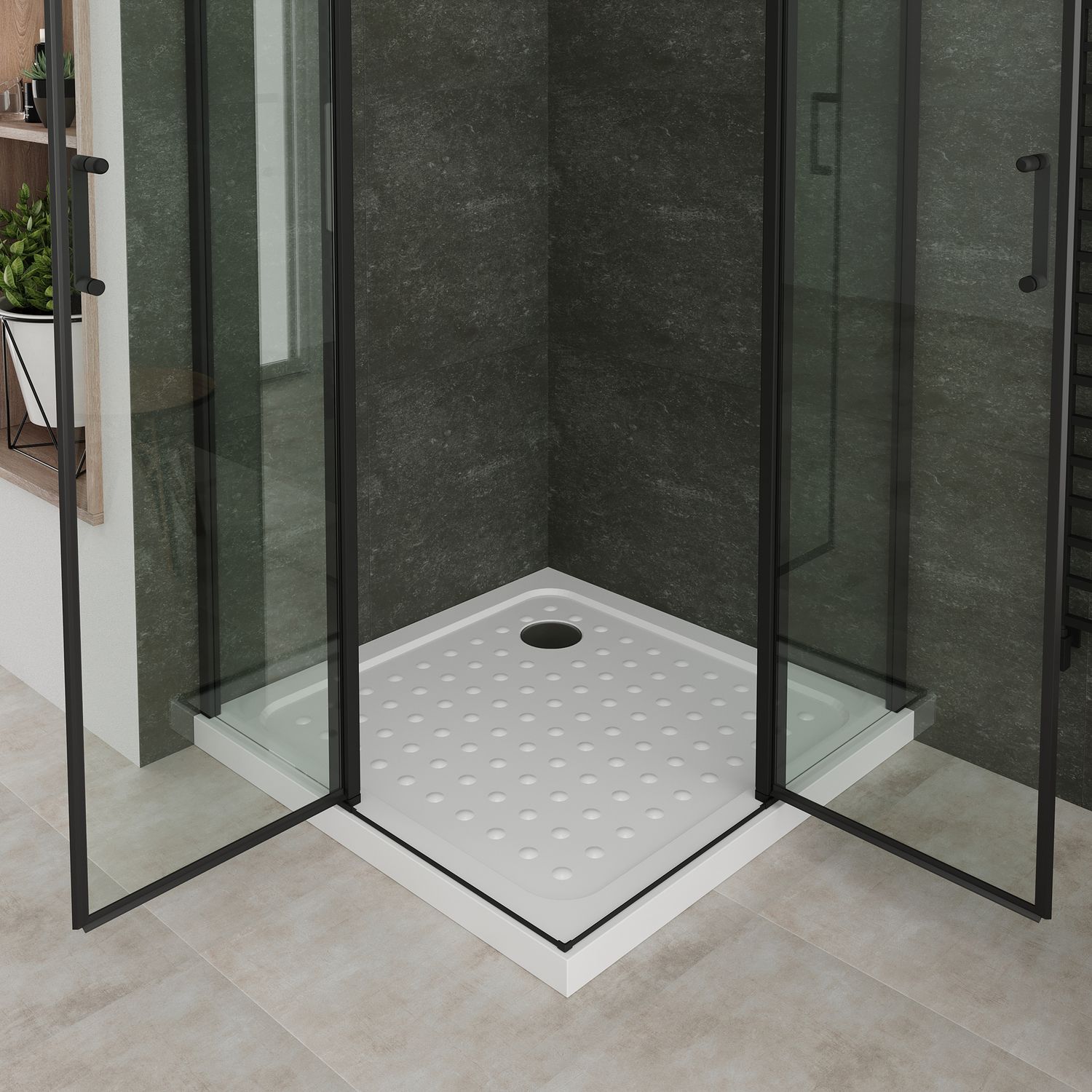 Eckeinstieg Linda mit Klapptüren und schwarzen Profilen aus ESG Sicherheitsglas Eckeinstieg Linda mit Klapptüren und schwarzen Profilen aus ESG Sicherheitsglas