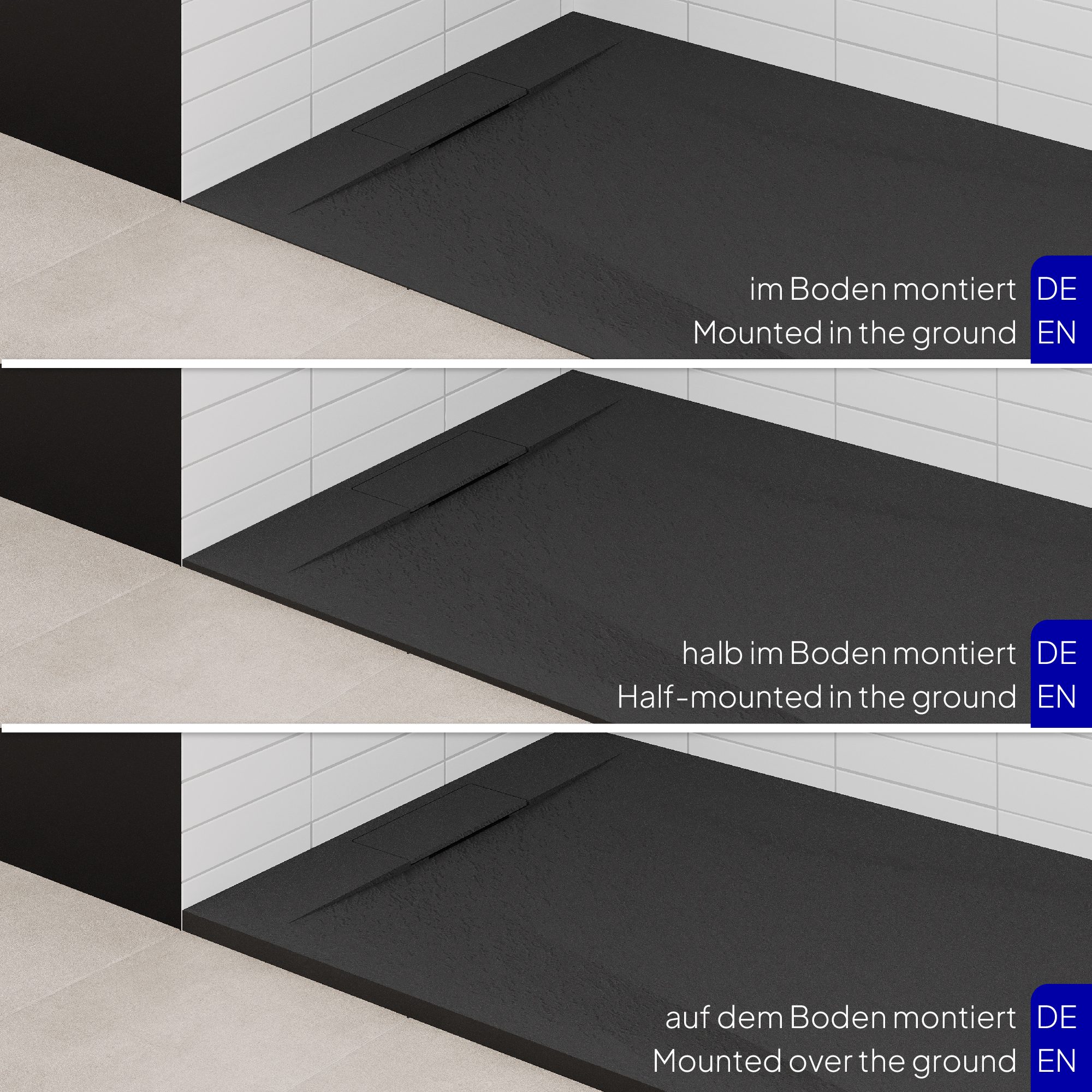 SMC Shower Tray Polar in Stone Look with Drain Assembly - Black