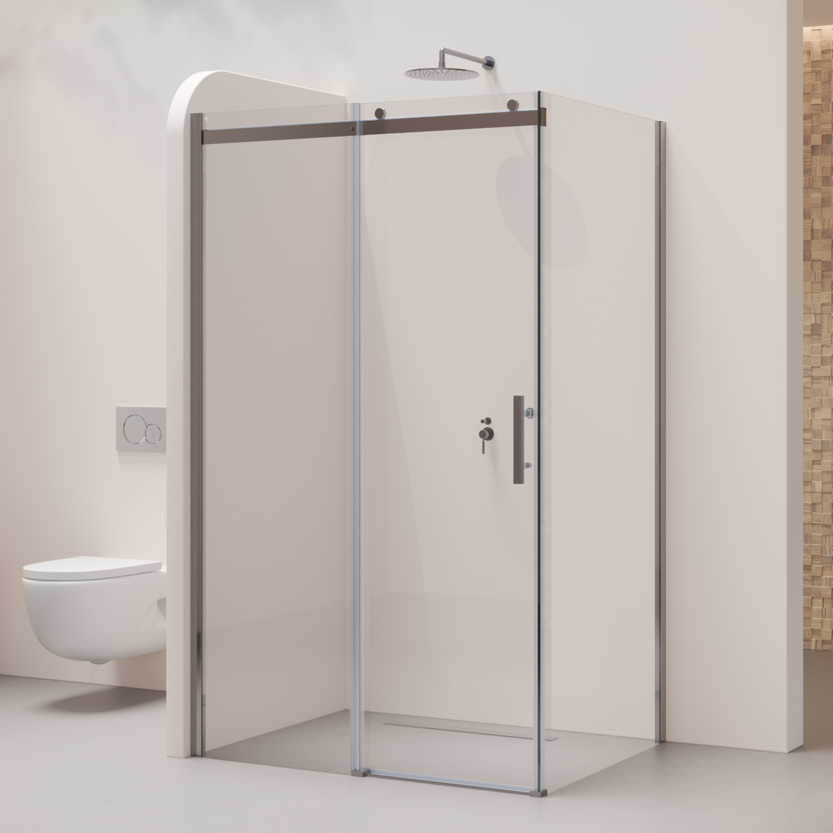 Front-entry Viola with sliding door made of 8 mm tempered safety glass. Viola – Fronteinstieg mit Schiebetür aus 8 mm ESG Sicherheitsglas