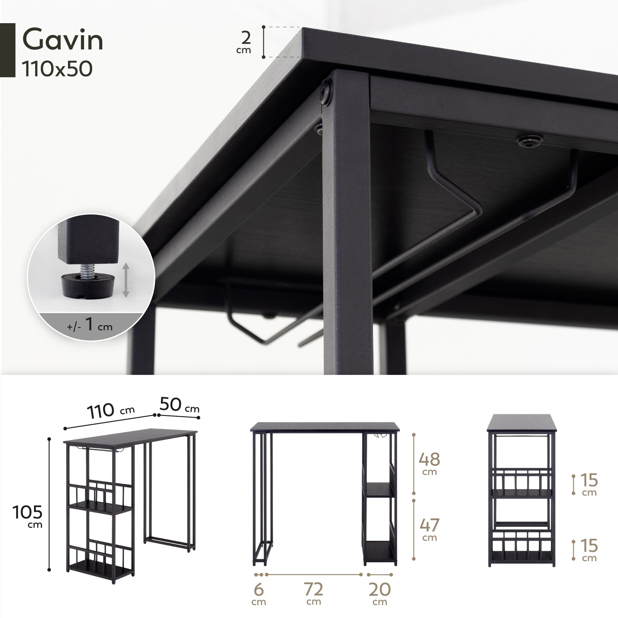 i-flair Stehtisch Bartisch Gavin – Stehtisch mit Stahlrahmen und 2 Ablageflächen & Glashalter Schwarz i-flair Stehtisch Bartisch Gavin – Stehtisch mit Stahlrahmen und 2 Ablageflächen & Glashalter Schwarz