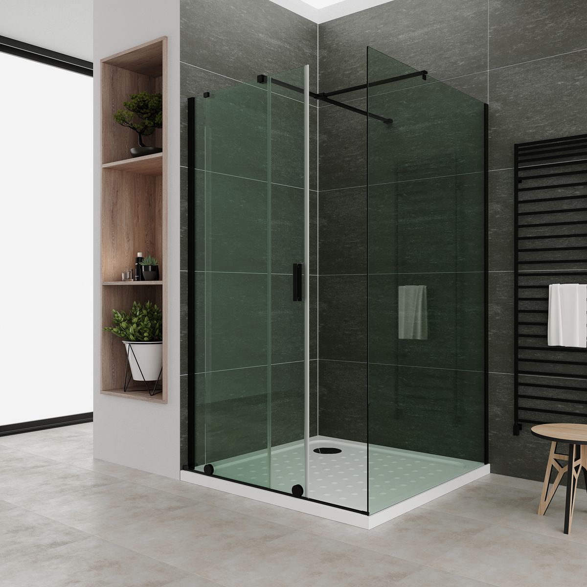 Fronteinstieg NADINE mit Schiebetür in Schwarz aus 8mm ESG Klarglas Fronteinstieg NADINE mit Schiebetür in Schwarz aus 8mm ESG Klarglas