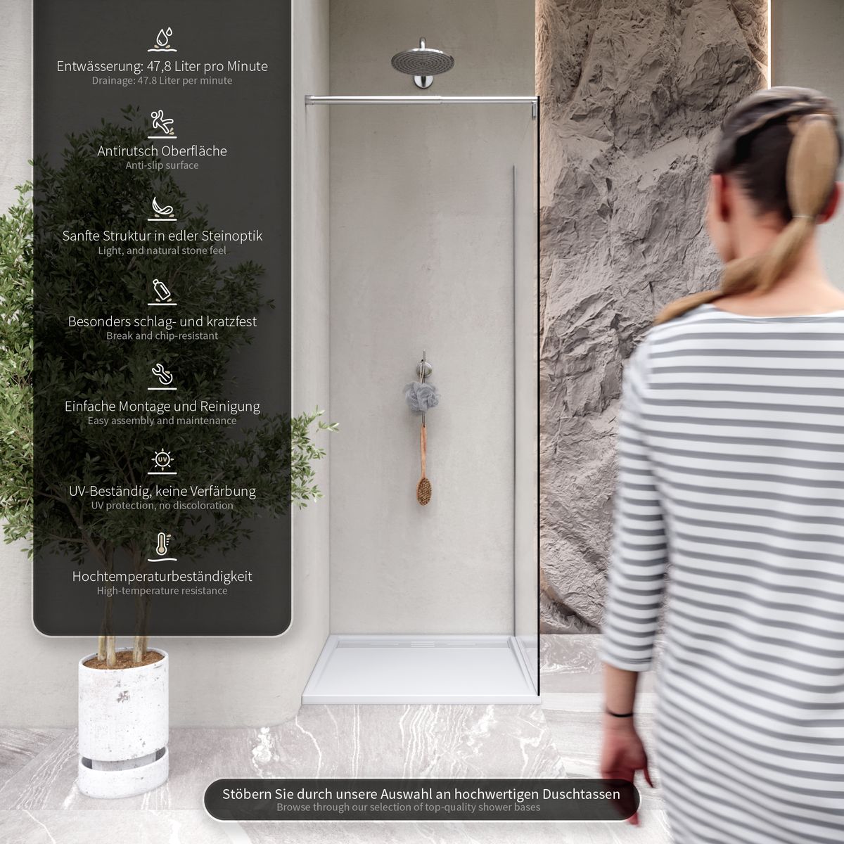 Hiemal – SMC Shower Tray in Slate Finish, including White Drain Assembly with Stainless Steel Cover