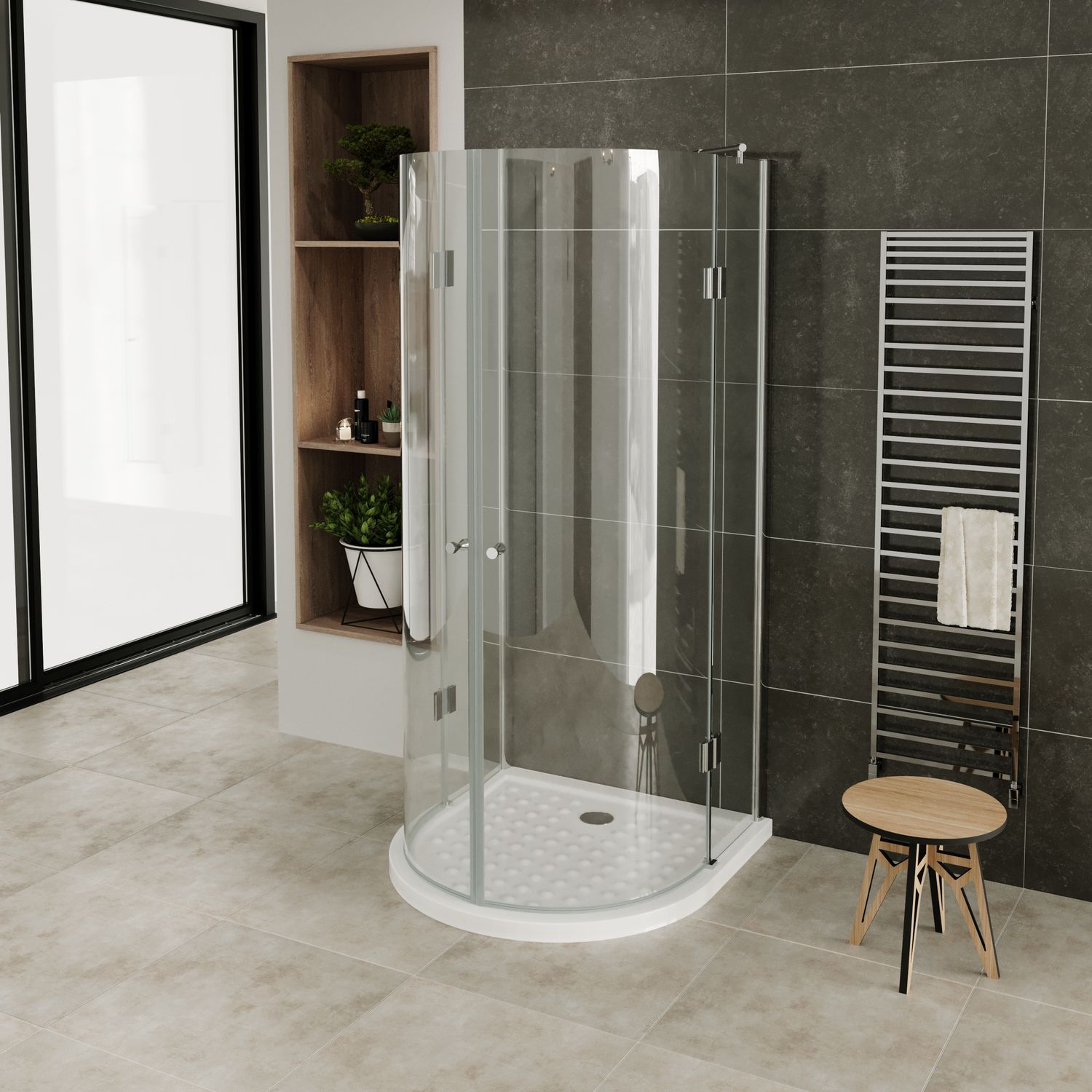 Halbkreisdusche Andrea mit Klapptüren aus ESG Sicherheitsglas Andrea – Halbkreisdusche mit Klapptüren aus ESG Sicherheitsglas