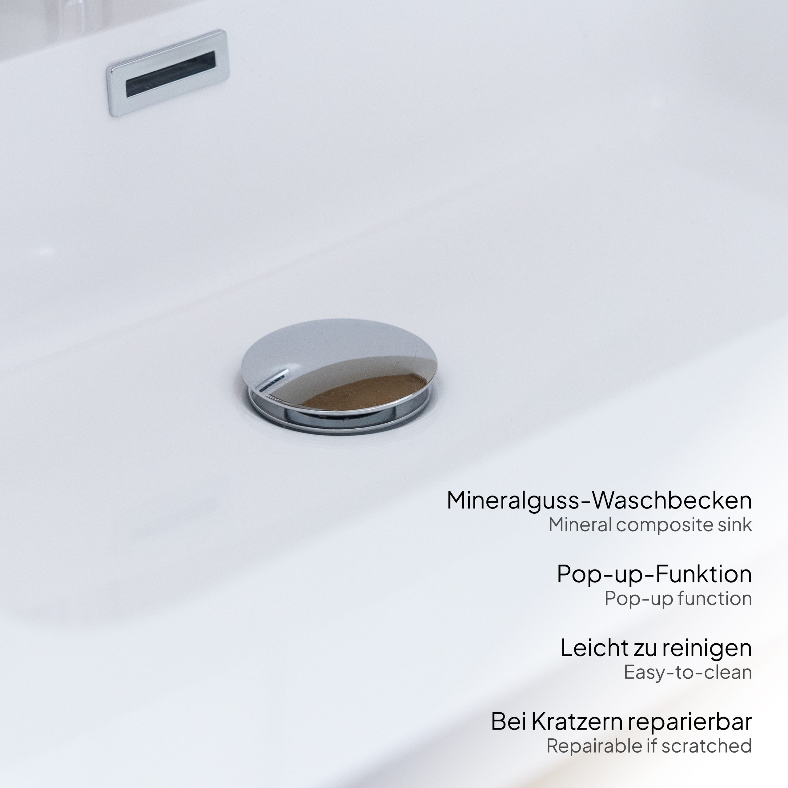 Badmöbel-Set Atena [120 cm] mit Mineralharz-Waschbecken in Hochglanz Weiß, Unterschrank mit Spiegel und hängendem Hochschrank in Eiche