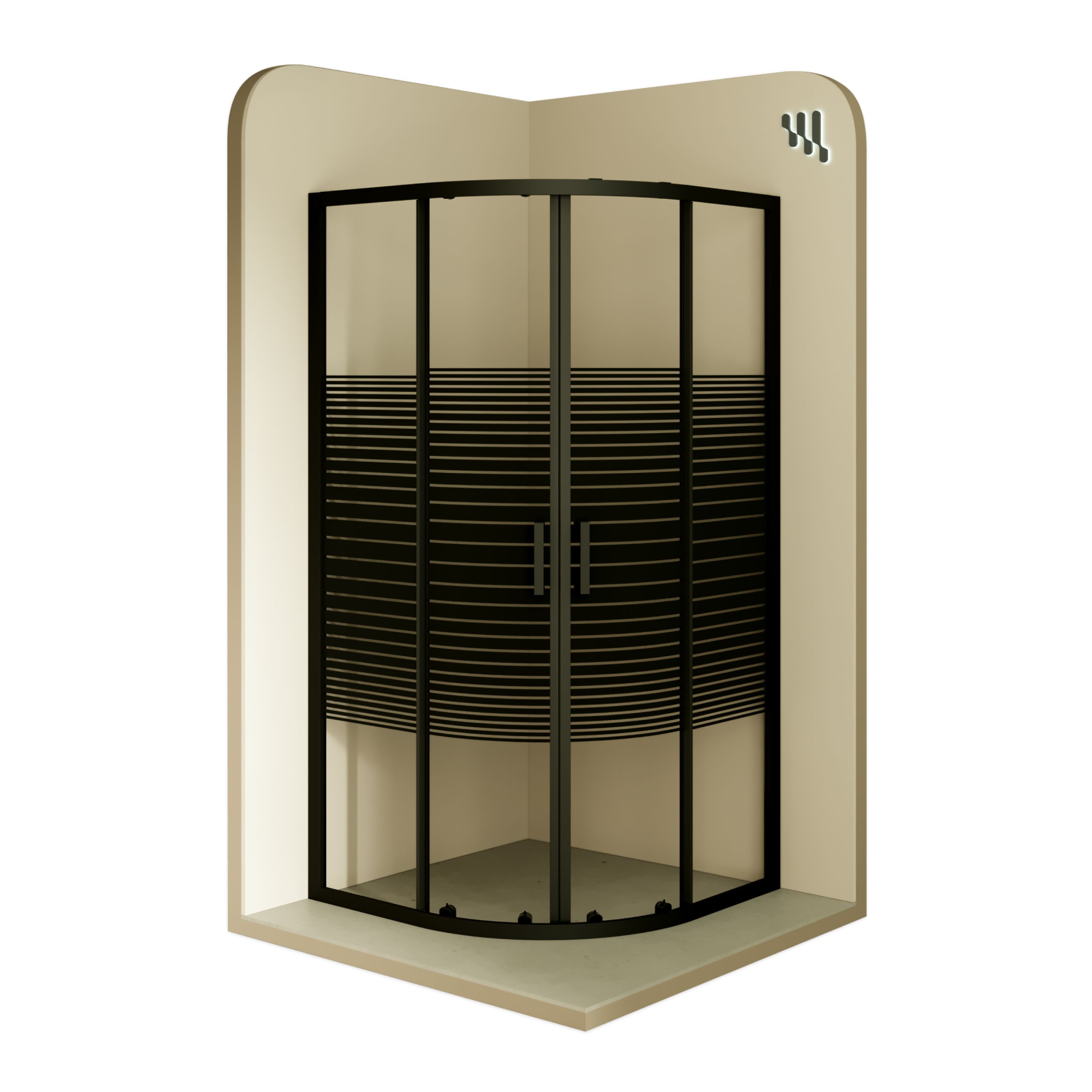 Quarter Circle Shower Ella with Sliding Doors made of Striped ESG Glass and Black Aluminum Profiles Ella – Viertelkreisdusche mit Schiebetüren aus gestreiftem ESG Glas mit schwarzen Aluminium Profile
