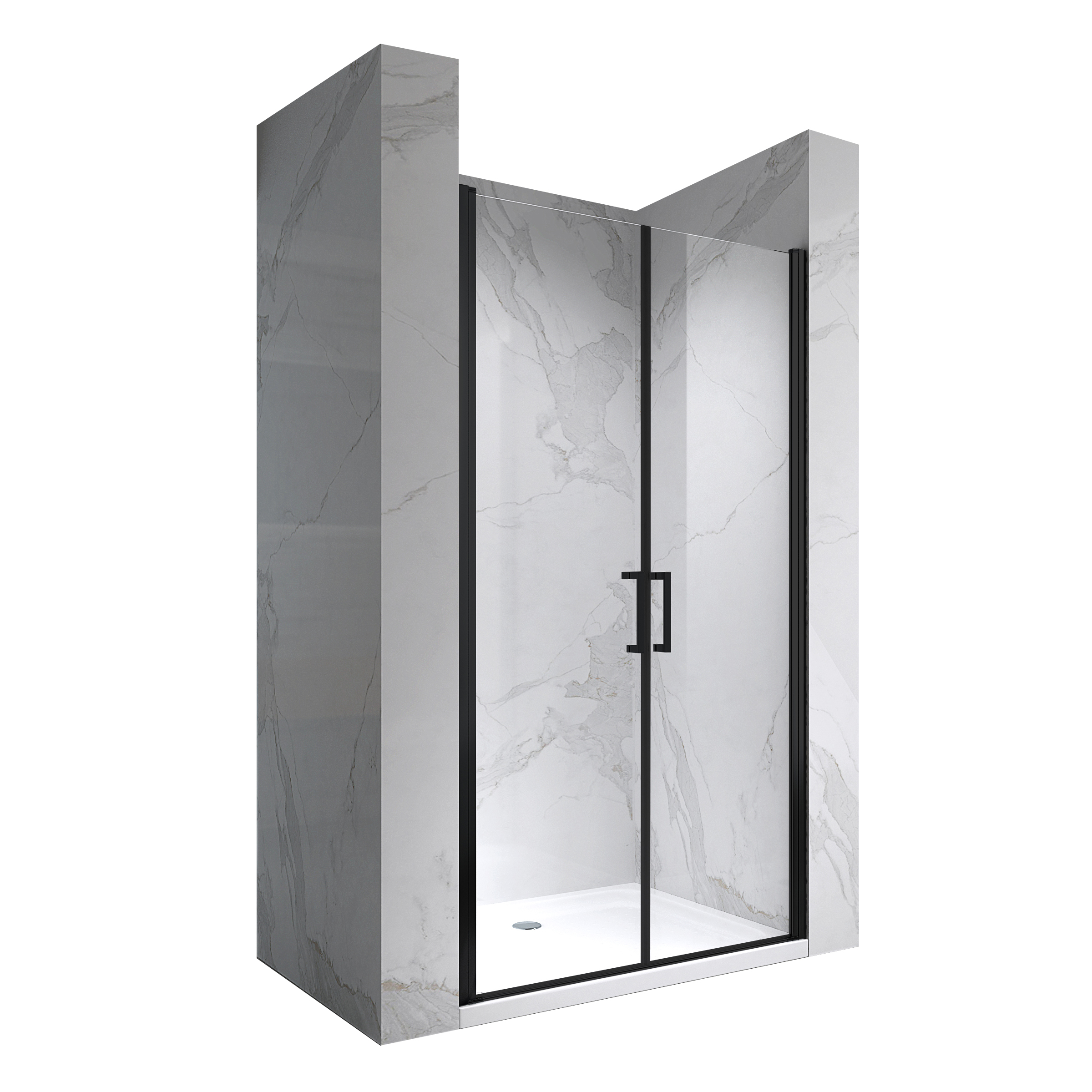 Duschtür Lara BLACK mit Pendeltüren und Edelstahlgriffe 68-140 cm aus ESG Sicherheitsglas 101-104 cm 180 cm Lara – Shower Door BLACK with Hinged Doors and Stainless Steel Handles, 68-104 cm, made of ESG Safety Glass