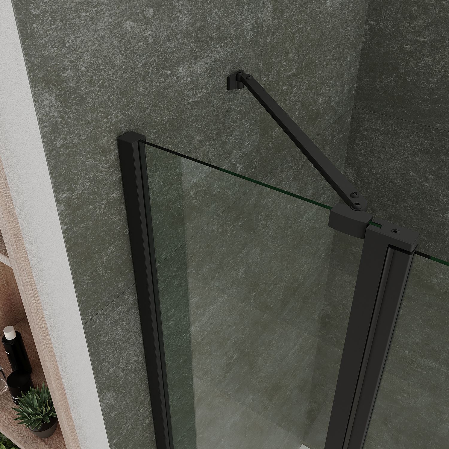 Eckeinstieg Linda mit Klapptüren und schwarzen Profilen aus ESG Sicherheitsglas Eckeinstieg Linda mit Klapptüren und schwarzen Profilen aus ESG Sicherheitsglas