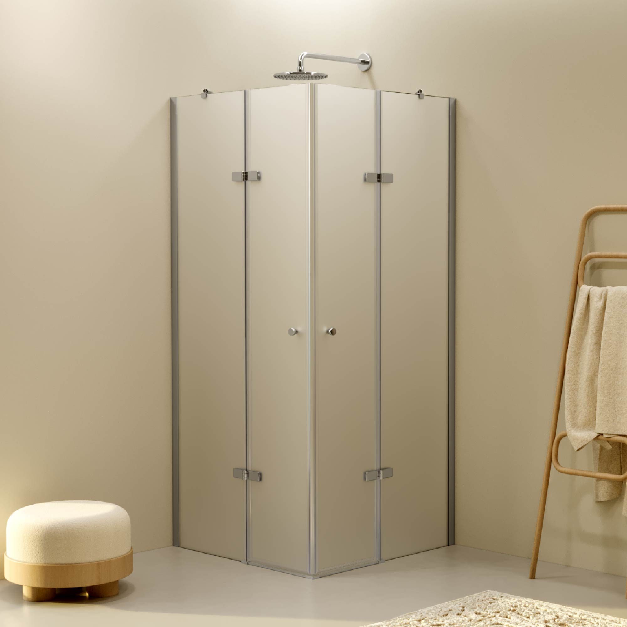 Corner Entry Alice with Folding Doors Made of Satinated ESG Safety Glass