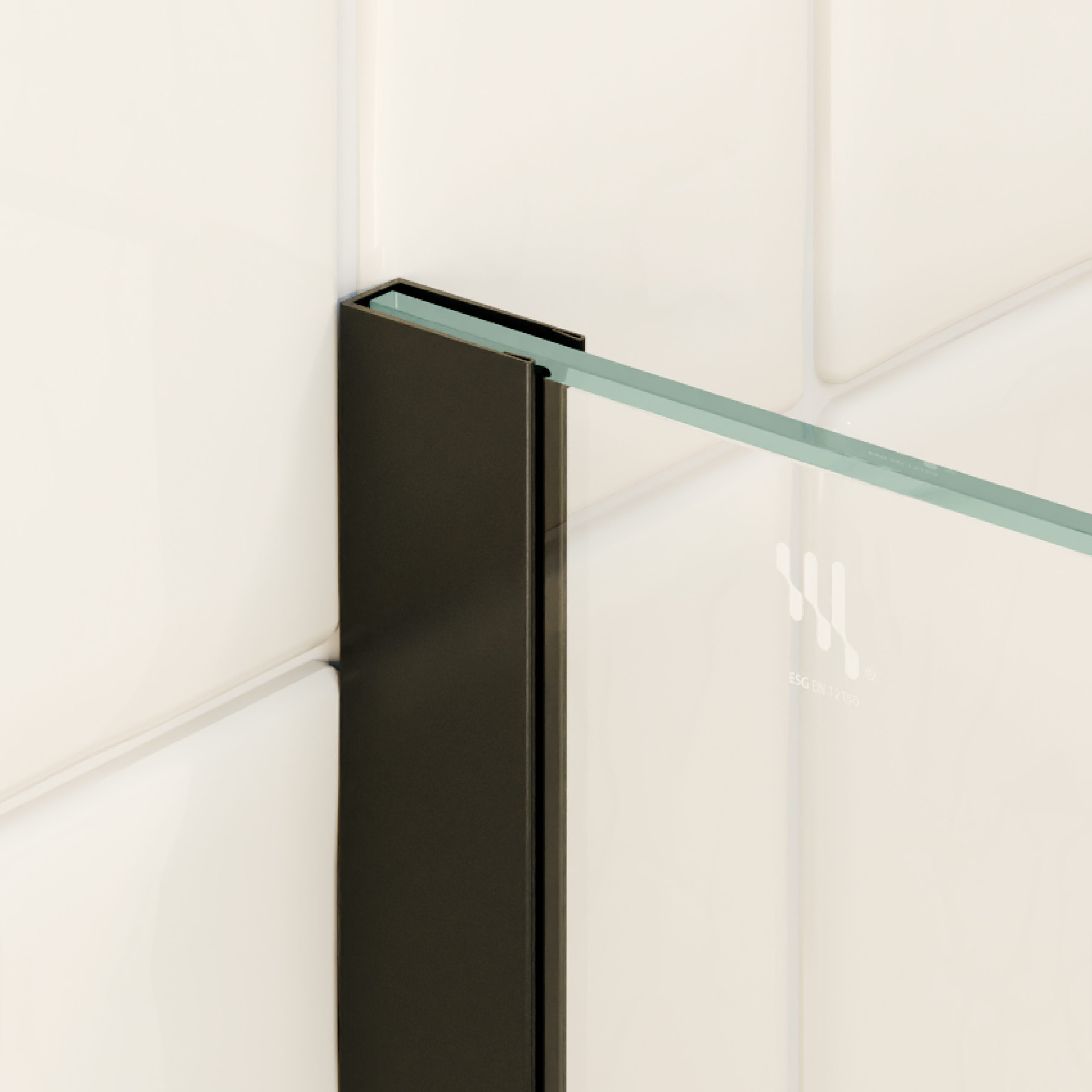 Walk-In Shower Fiona made of 10 mm thick ESG safety glass and black aluminum profile. Walk-In Shower Fiona made of 10 mm thick ESG safety glass and black aluminum profile.