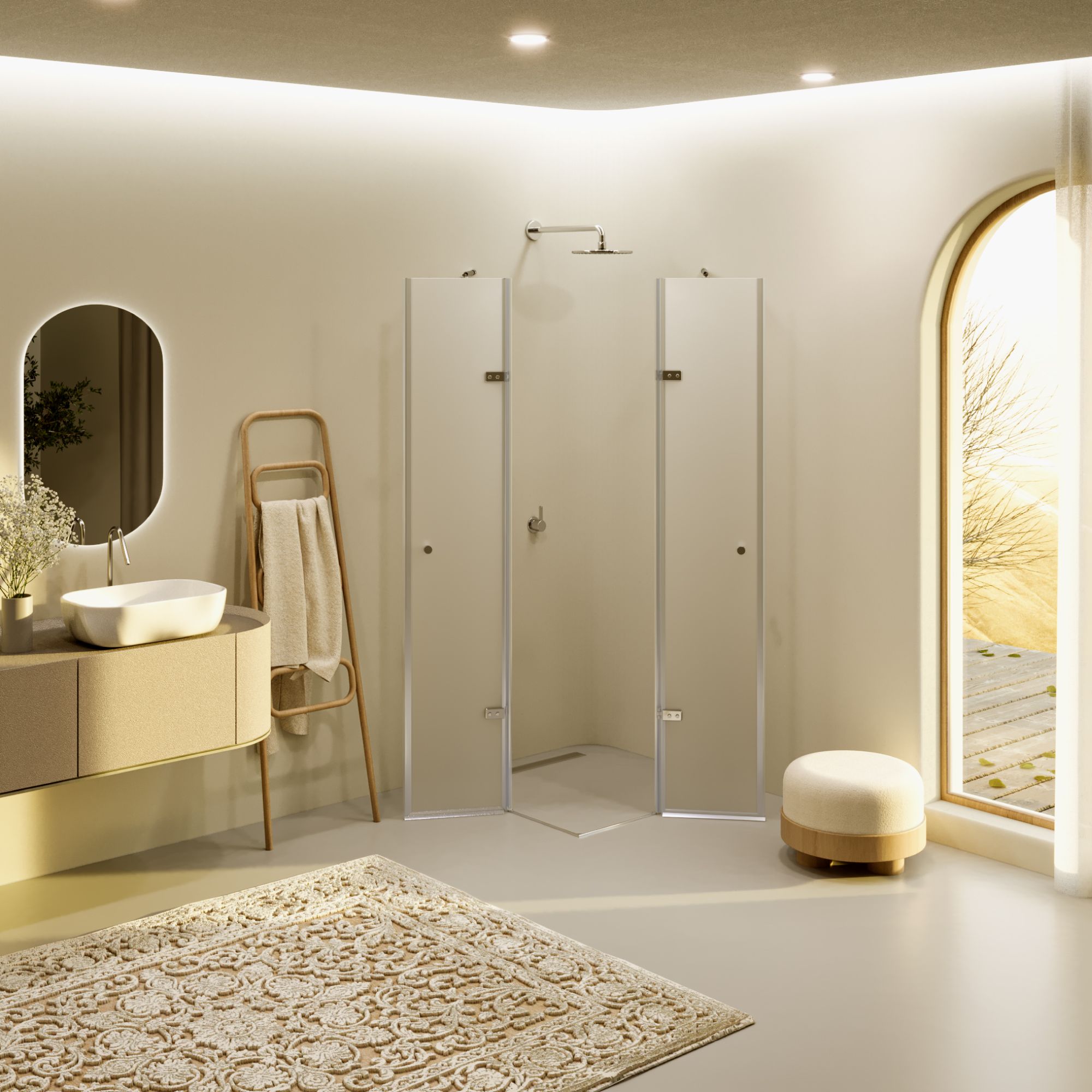 Corner Entry Alice with Folding Doors Made of Satinated ESG Safety Glass