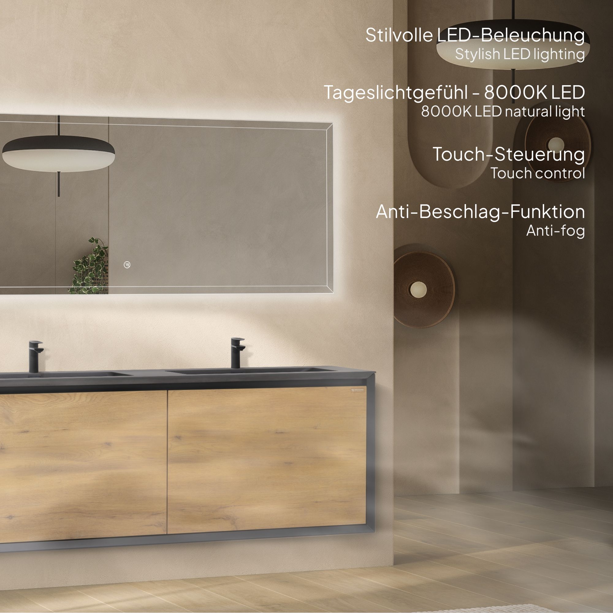 Badmöbelset Fidia mit Doppelwaschtisch – Schwarz Matt & Eiche, LED-Antibeschlagspiegel, 150/190 cm