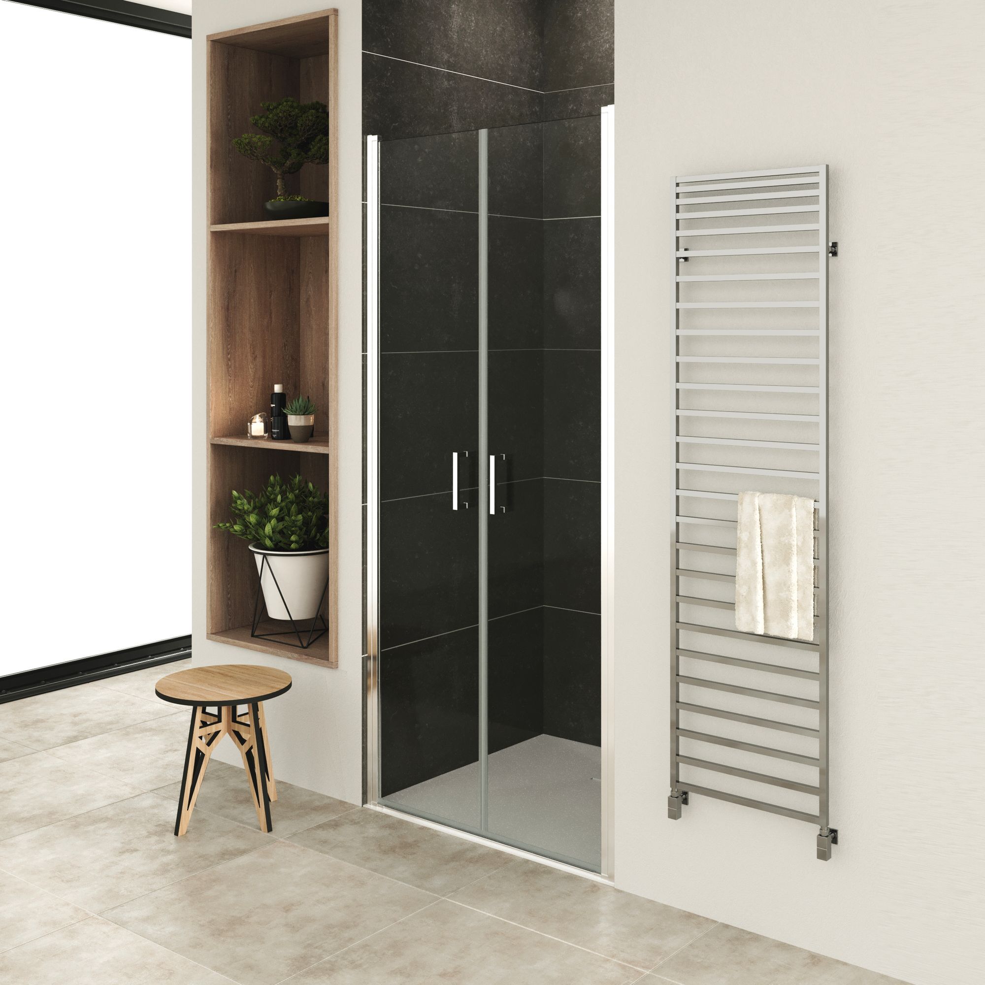 Shower Door Lara with Hinged Doors and Stainless Steel Handles, 68-104 cm, made of ESG Safety Glass Shower Door Lara with Hinged Doors and Stainless Steel Handles, 68-104 cm, made of ESG Safety Glass