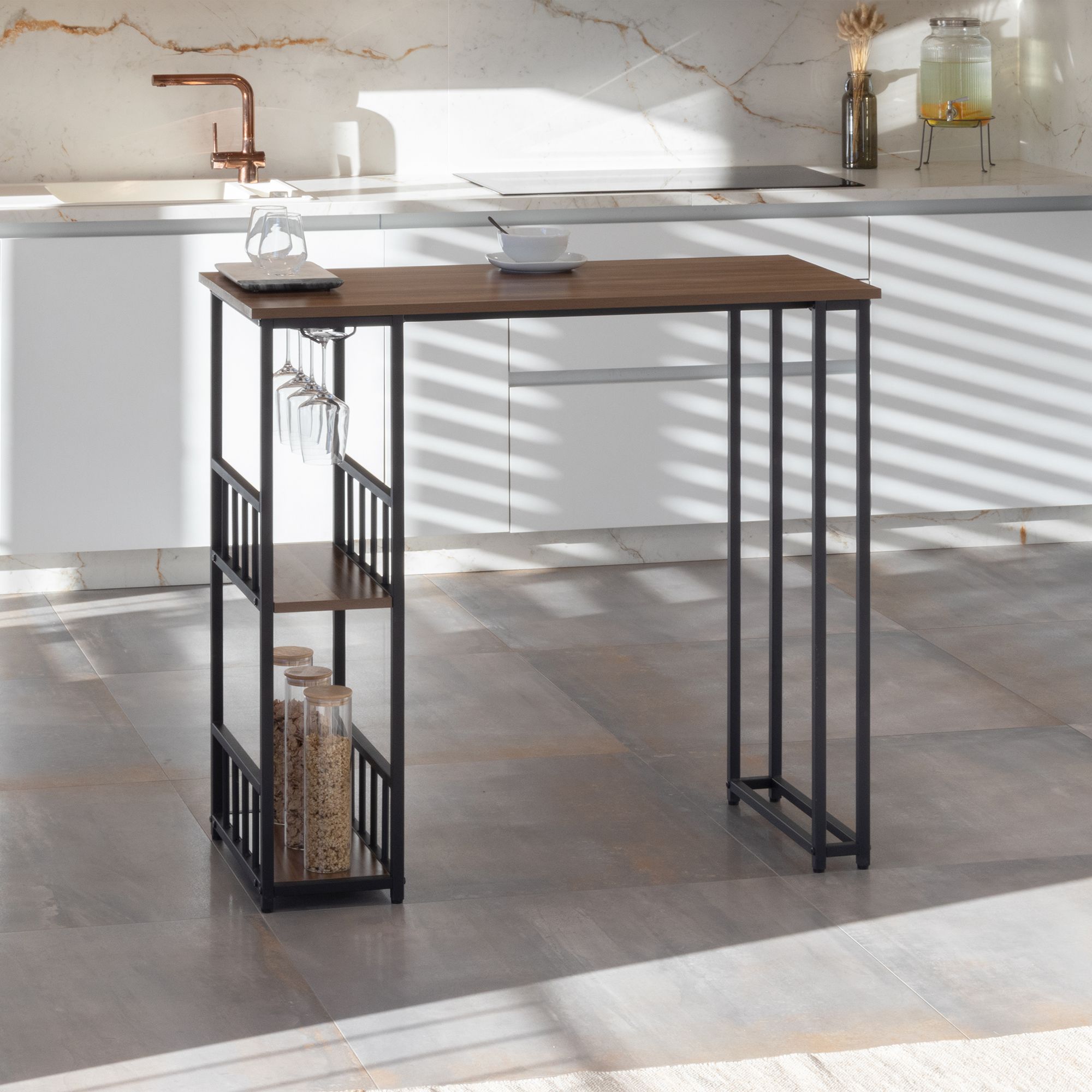 i-flair Stehtisch Bartisch Gavin – Stehtisch mit Stahlrahmen und 2 Ablageflächen & Glashalter Walnuß