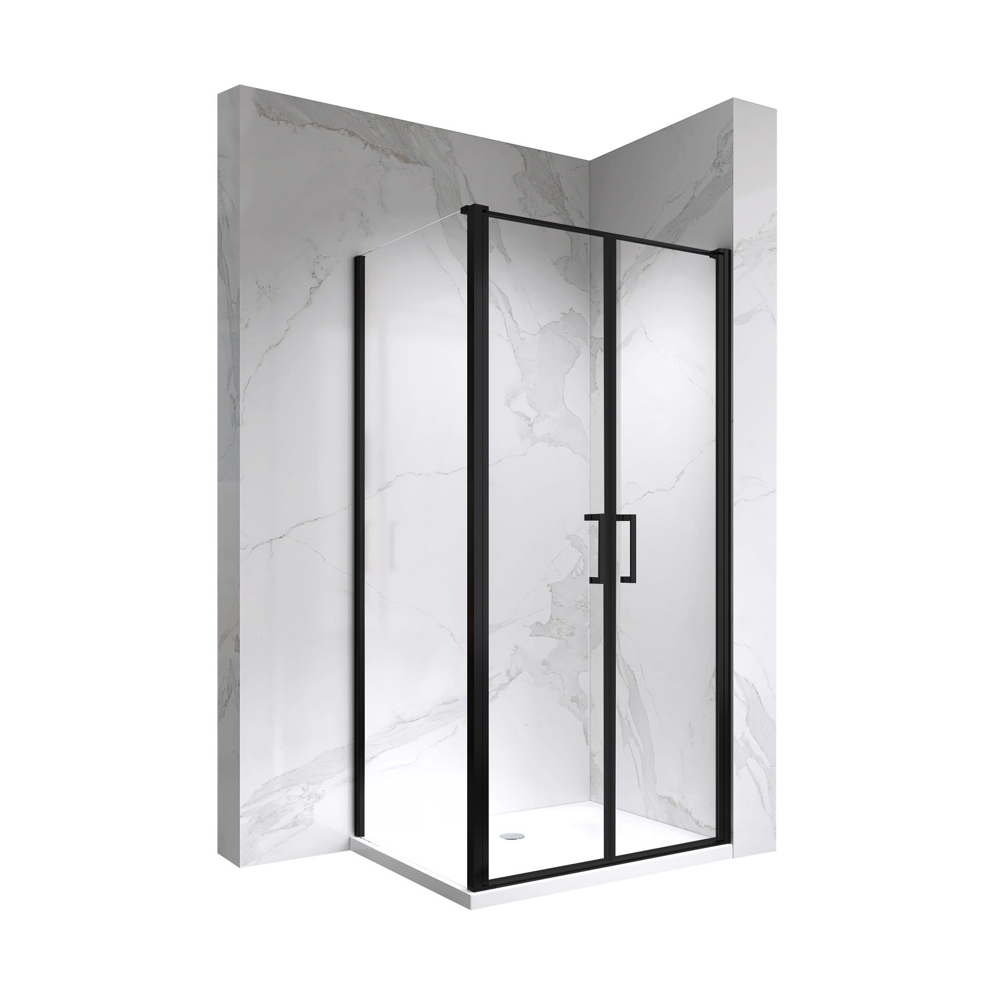 Shower Door Lara with Hinged Doors and Stainless Steel Handles, 68-104 cm, made of ESG Safety Glass Lara – Fronteinstieg Black mit Pendeltüren und Edelstahlgriffe aus ESG Sicherheitsglas