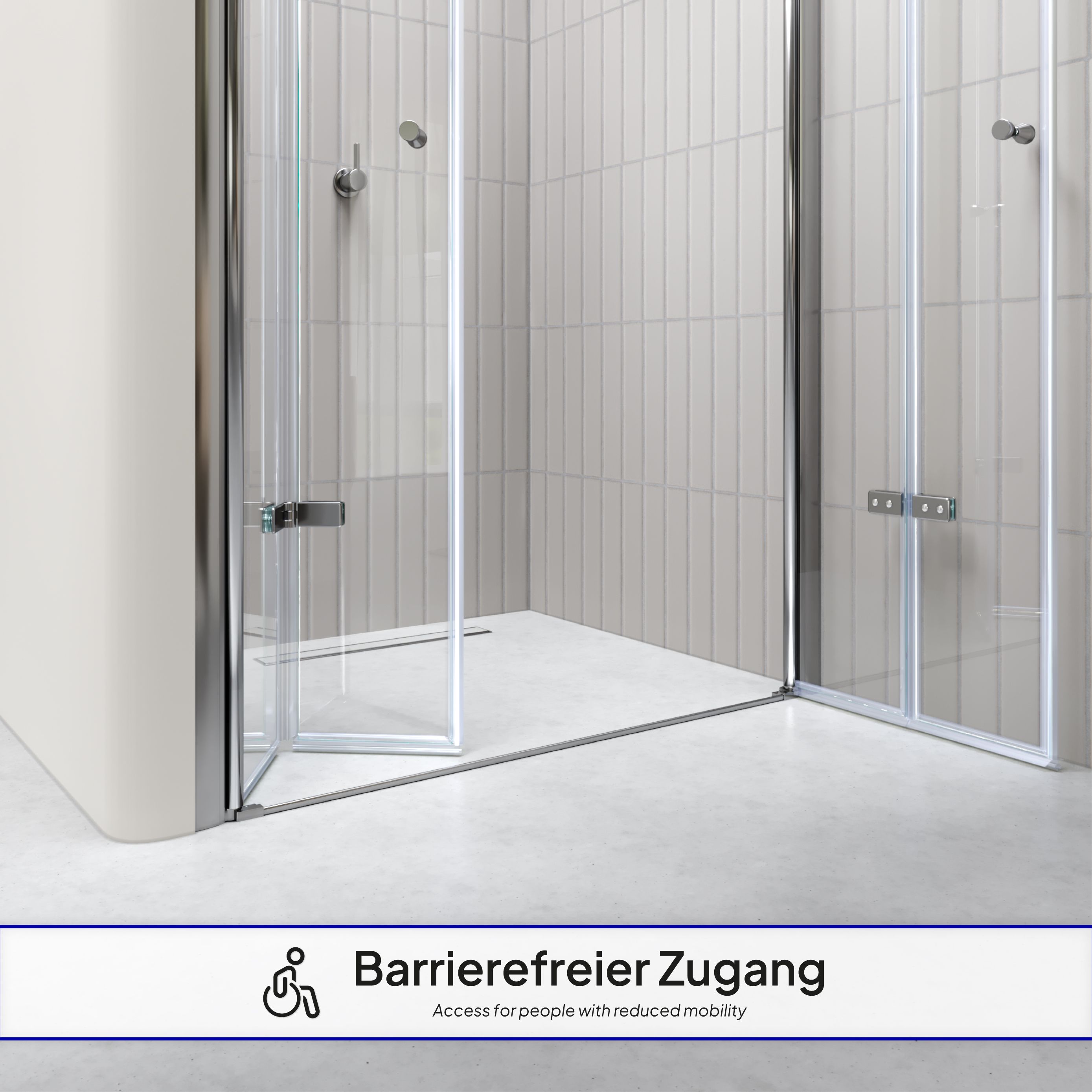Shower Door Lena with Folding Doors Made of Clear Tempered Safety Glass Lena – Duschtür mit Falttüren aus klarem ESG Sicherheitsglas