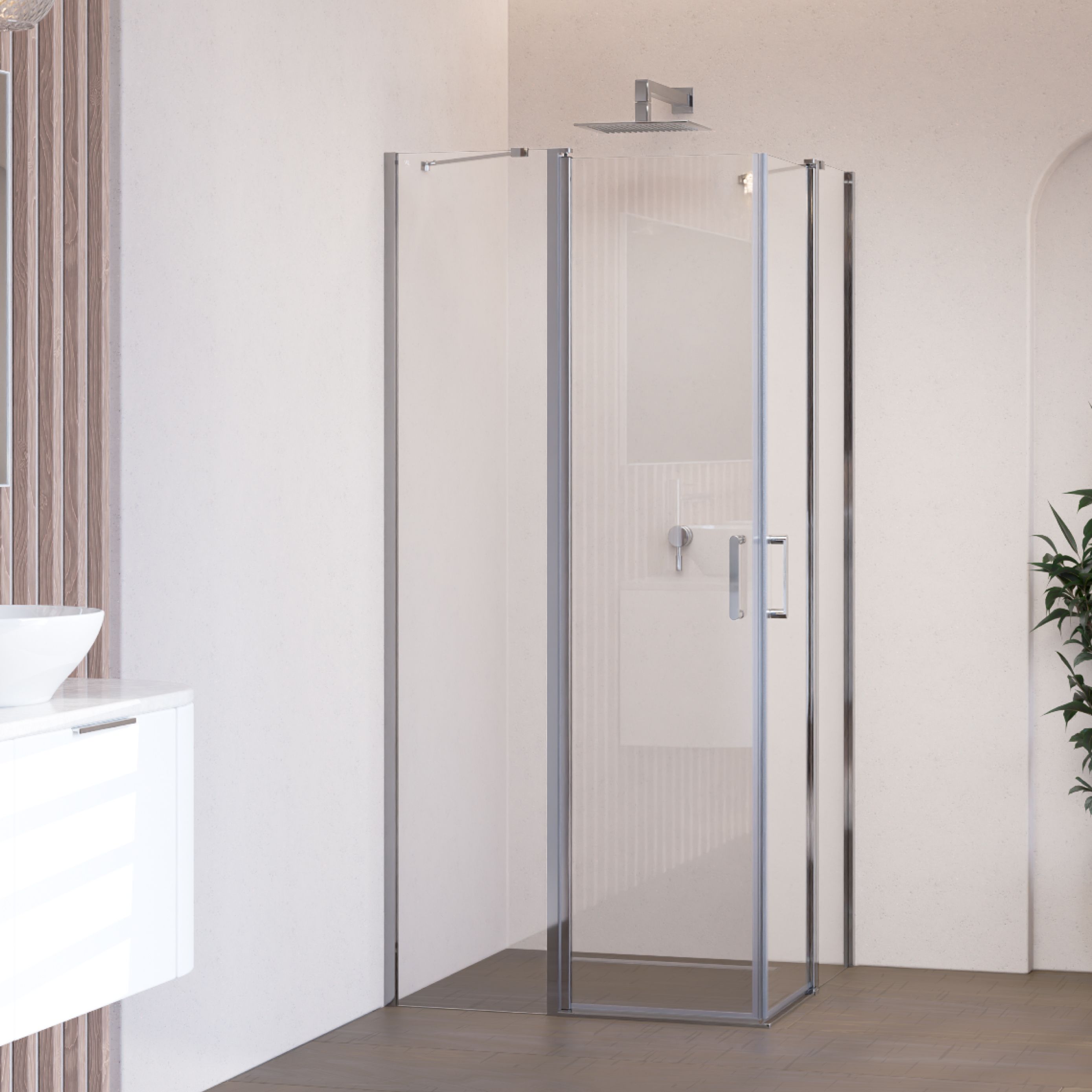 Corner Entry Linda with Folding Doors made of ESG Safety Glass Linda – Eckeinstieg mit Klapptüren aus ESG Sicherheitsglas