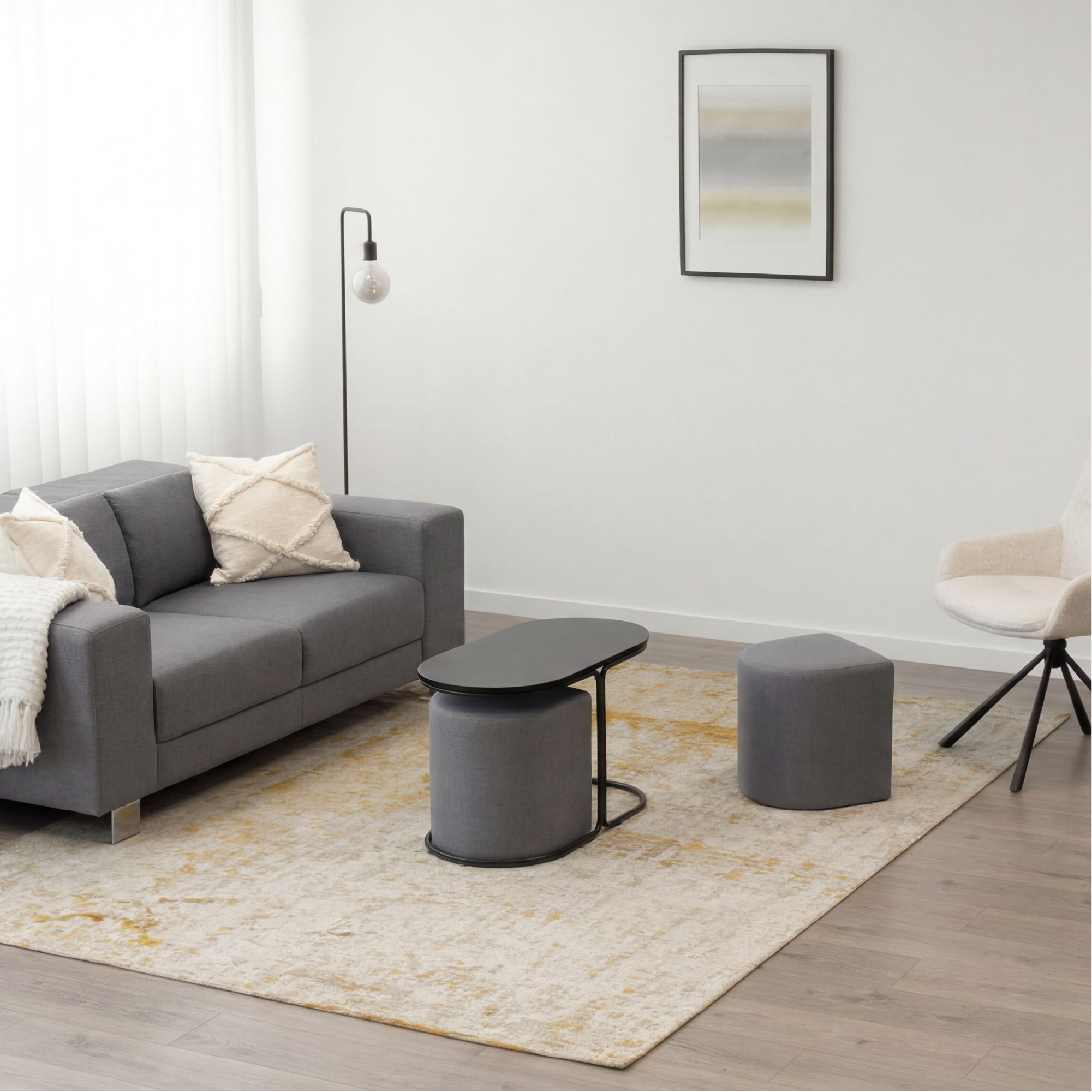Couchtisch DUNCAN mit 2 Sitzmodulen | Tischplatte in schwarzer Holzoptik und Metallgestell